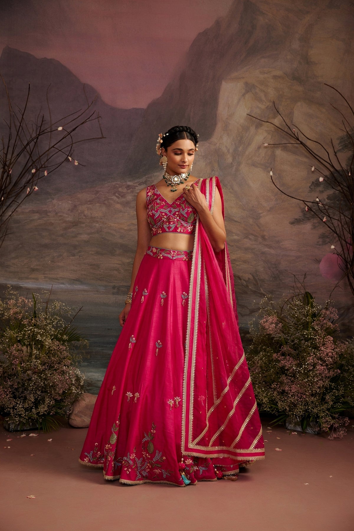 Rani Pink Embroidered Dupion Silk Lehenga Set with Crystal Work