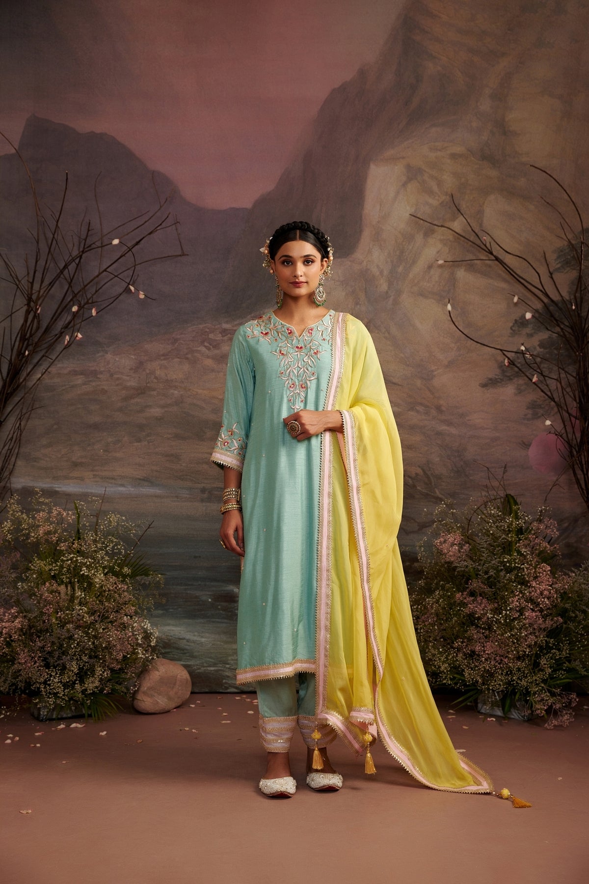 Sea Green Embroidered Dupion Silk Straight Kurta Set - Nitya