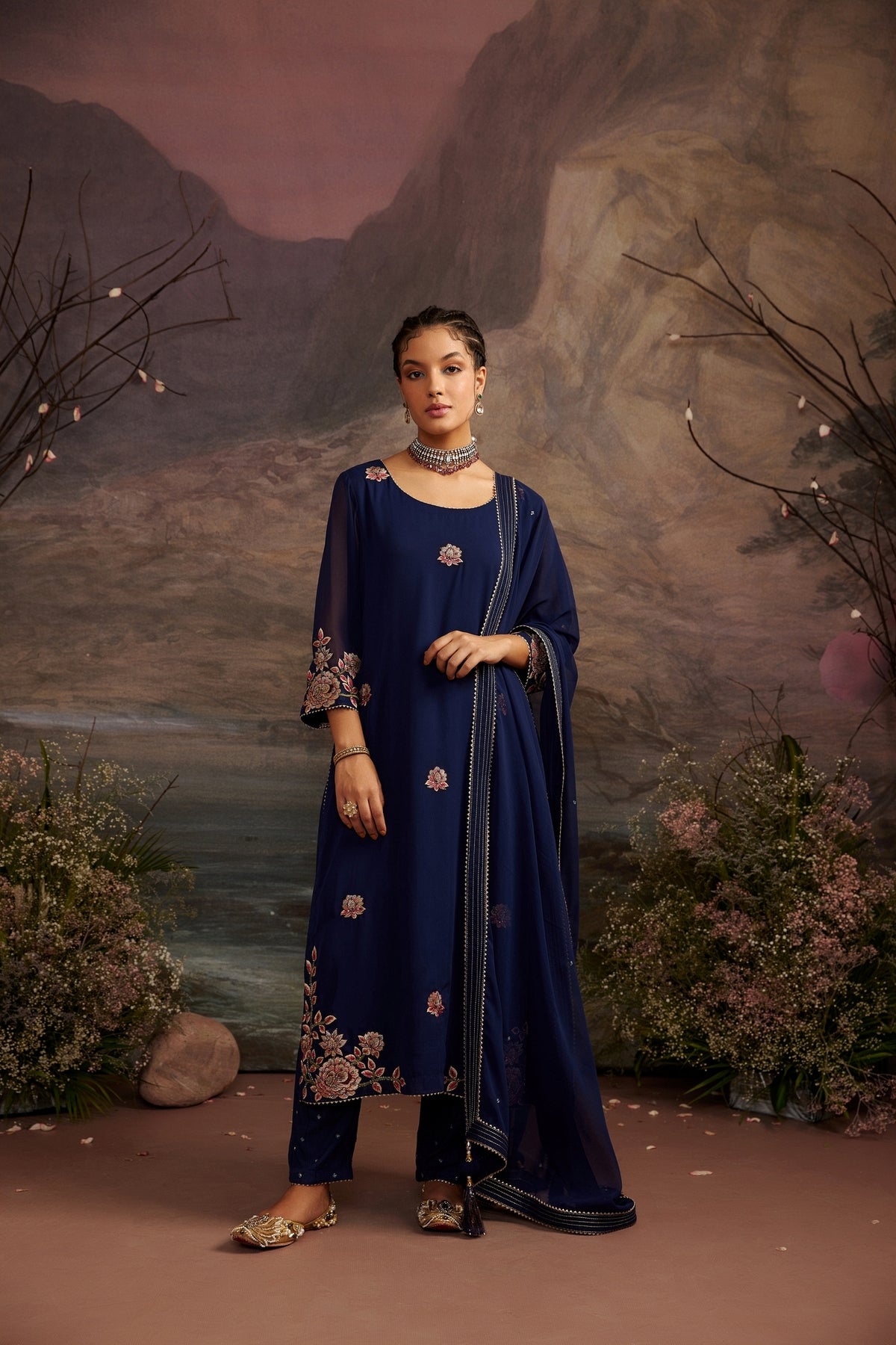 Charul Navy Blue Embroidered Georgette Kurta Sharara Set
