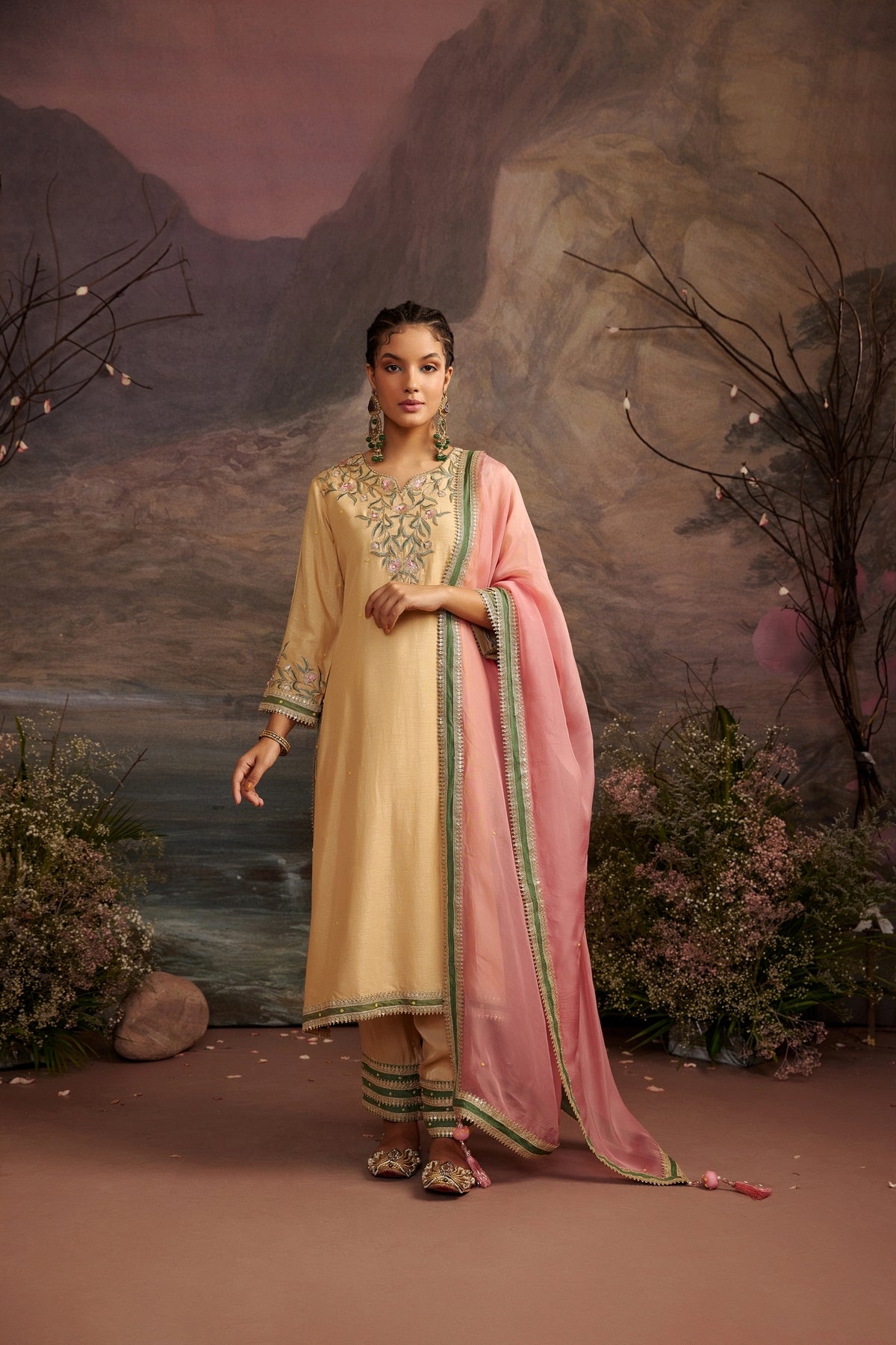 Honey Gold Straight Embroidered Kurta Set in Dupion Silk
