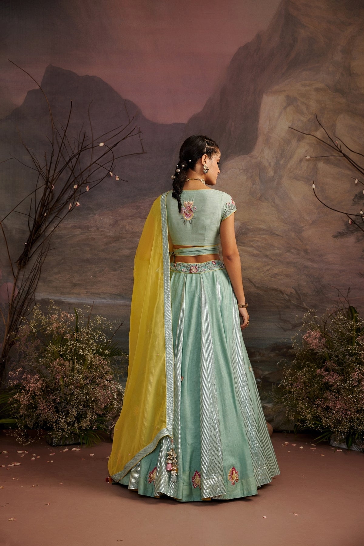 Sea Green Embroidered Wrap Blouse with Shimmer Lehenga Set