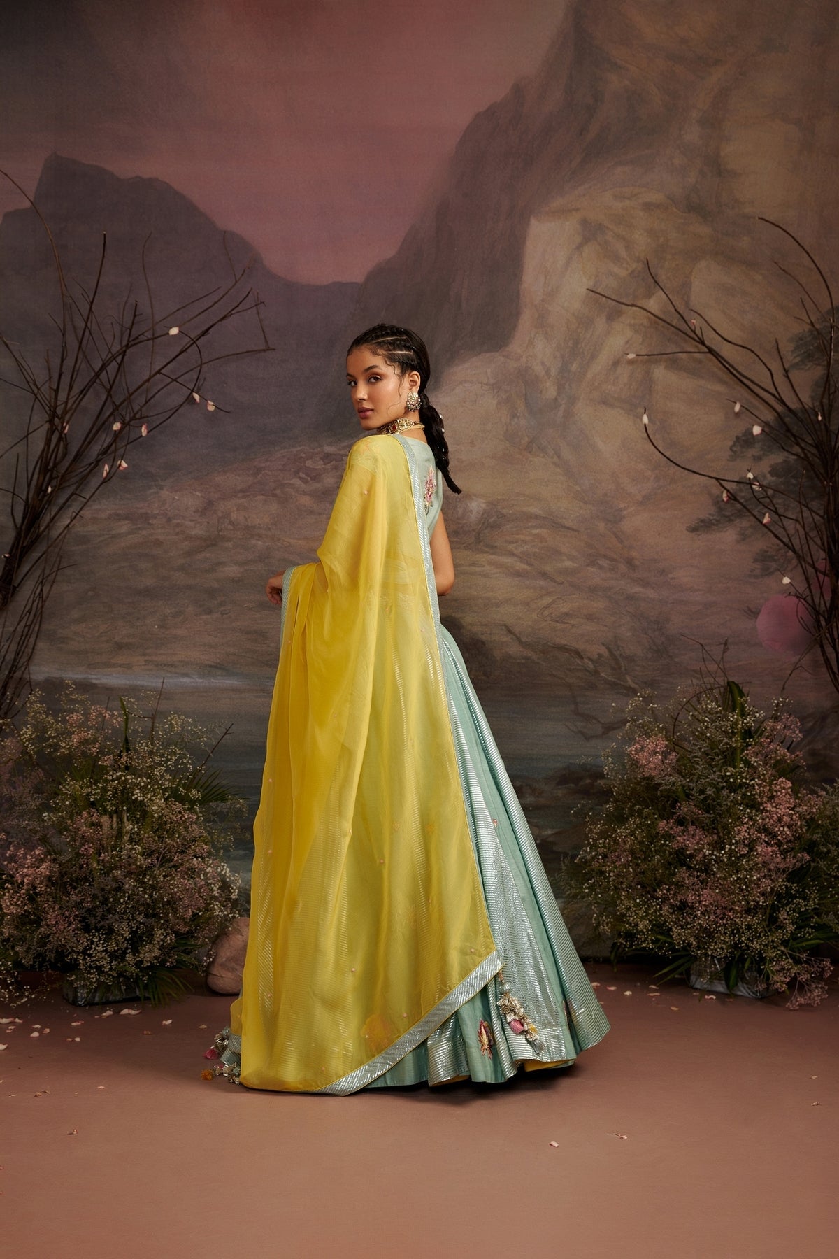 Sea Green Embroidered Wrap Blouse with Shimmer Lehenga Set