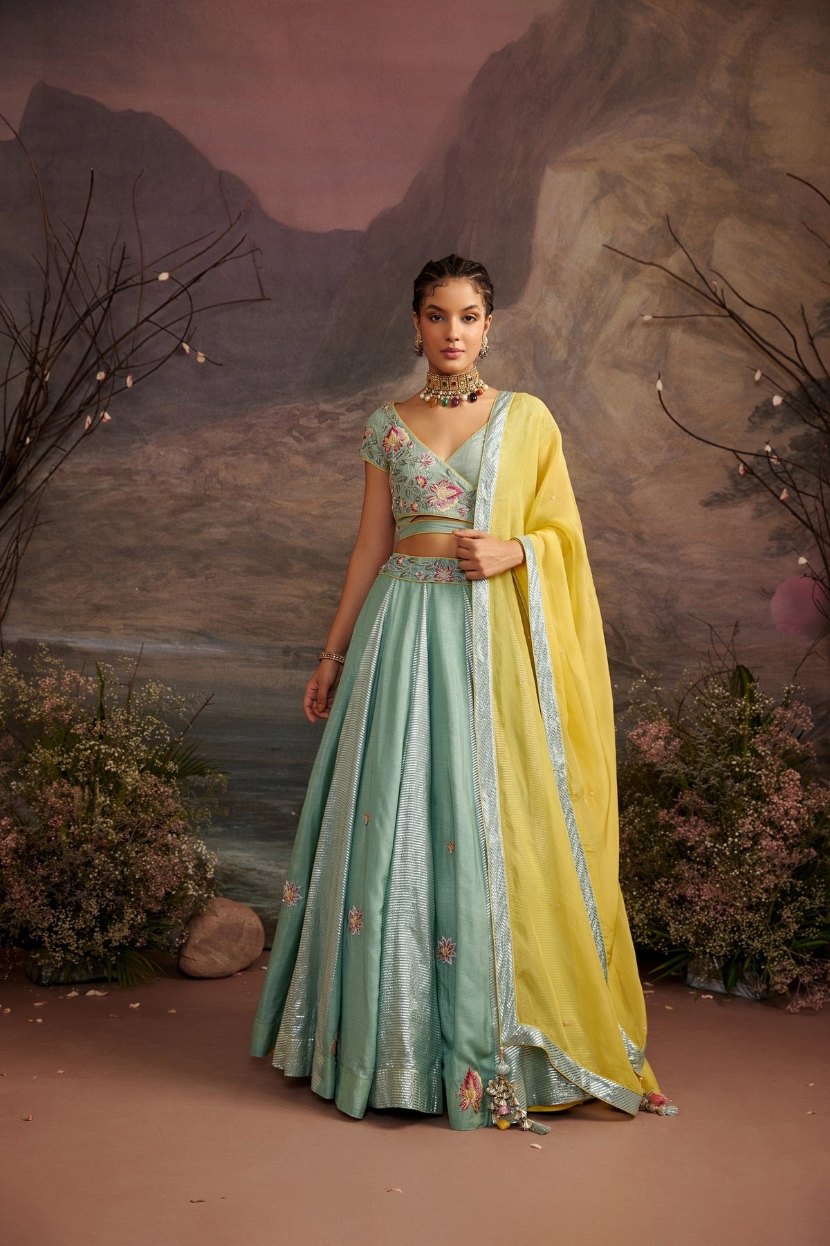 Sea Green Embroidered Wrap Blouse with Shimmer Lehenga Set