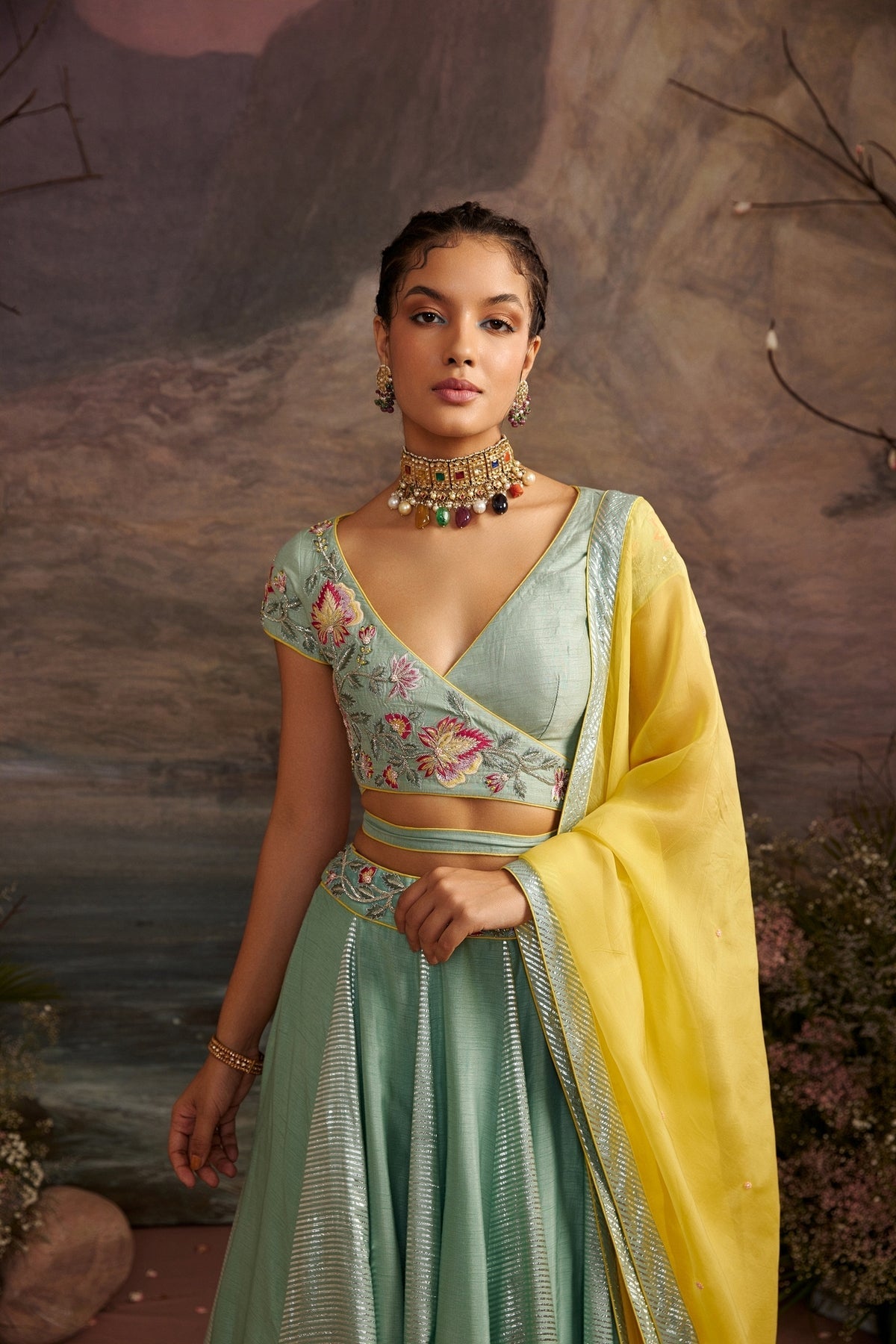 Sea Green Embroidered Wrap Blouse with Shimmer Lehenga Set