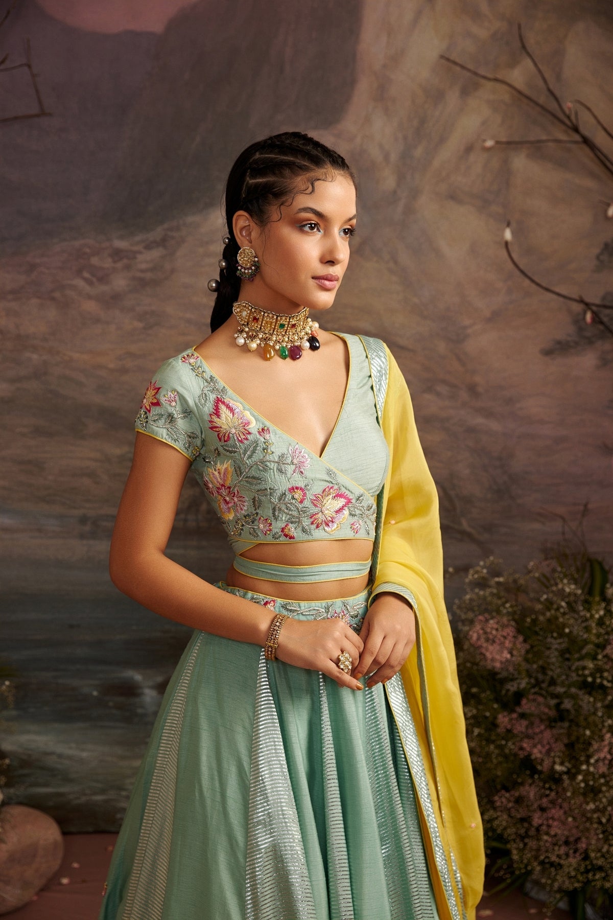 Sea Green Embroidered Wrap Blouse with Shimmer Lehenga Set