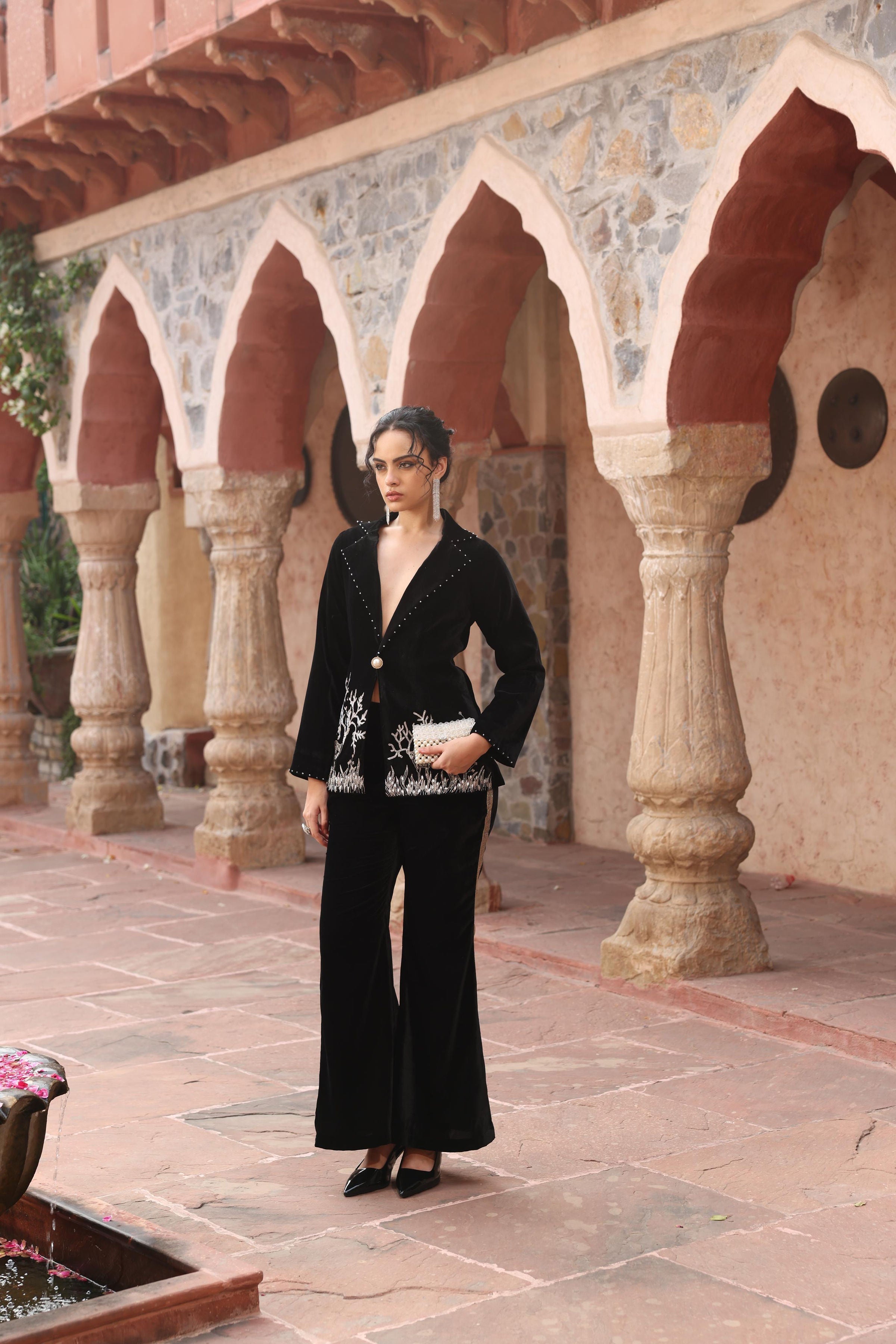 Black Velvet Co-ord Set - Crystal Deer Embroidery Power Suit