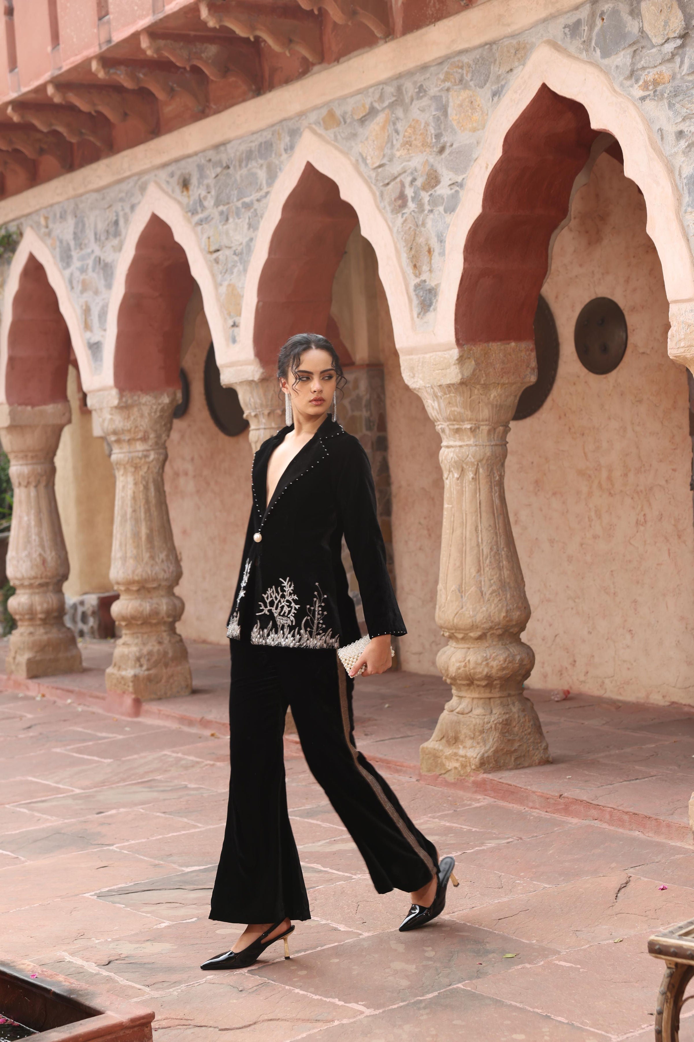 Black Velvet Co-ord Set - Crystal Deer Embroidery Power Suit
