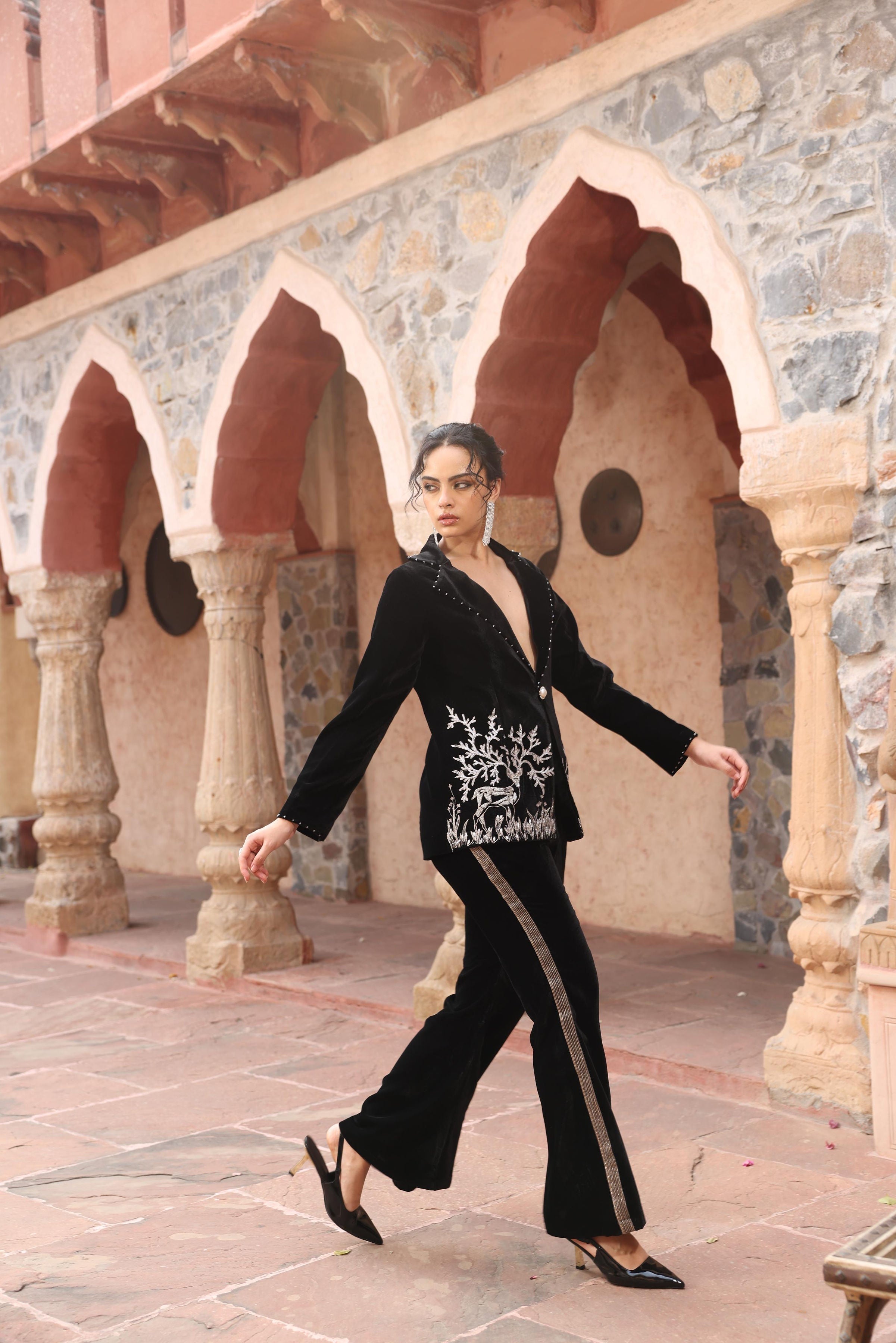 Black Velvet Co-ord Set - Crystal Deer Embroidery Power Suit
