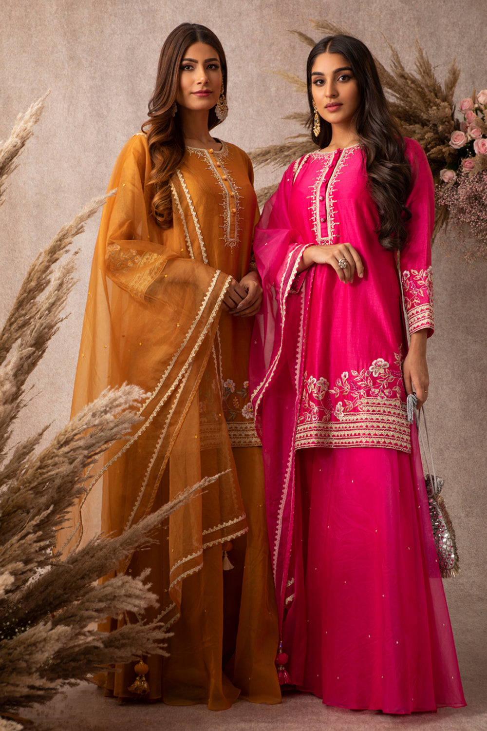 Mishka Short Embroidered Chanderi Kurta with Organza Sharara Set