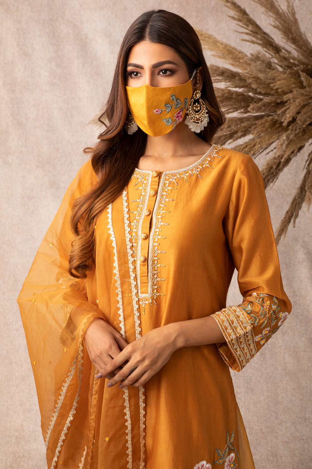 Mishka Short Embroidered Chanderi Kurta with Organza Sharara Set