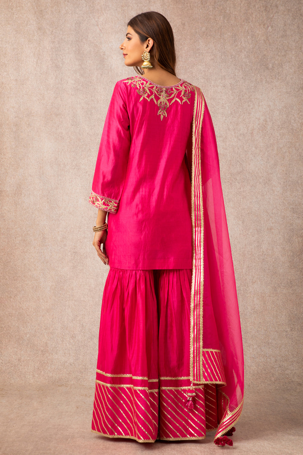 Rani Pink Mehr Short Scalloped Kurta Set with Gota Garara