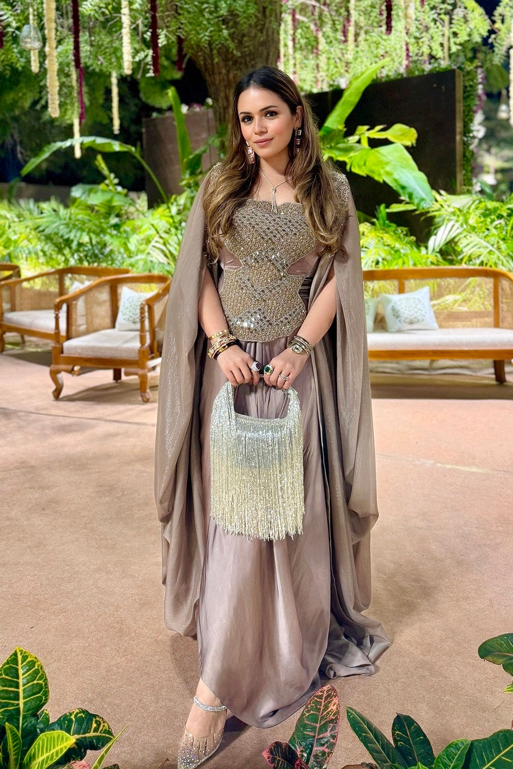 Blossom Skin Satin Cape Set with Hand Embroidery & Pickup Skirt