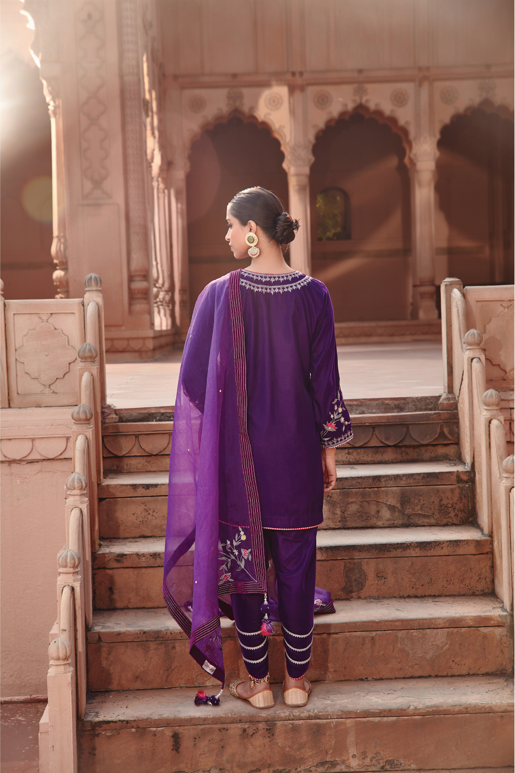 Arzu Purple Velvet Embellished Kurta with Gota Dhoti & Organza Dupatta