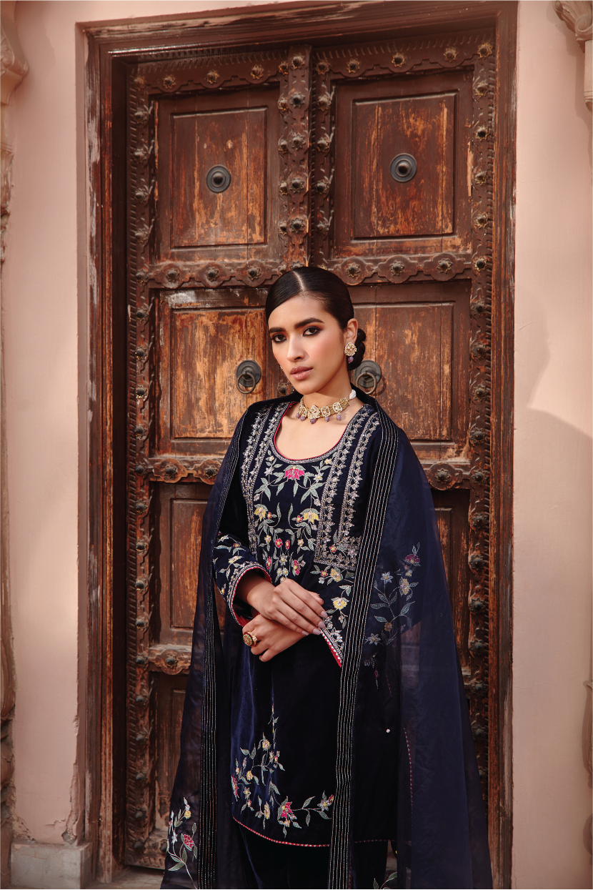 Arzu Navy Blue Embroidered Kurta with Gota Dhoti & Dupatta Set