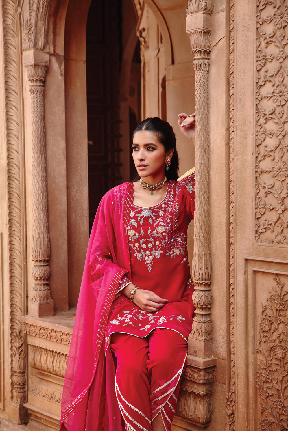 Arzu Rani Pink Velvet Kurta with Dhoti and Organza Dupatta