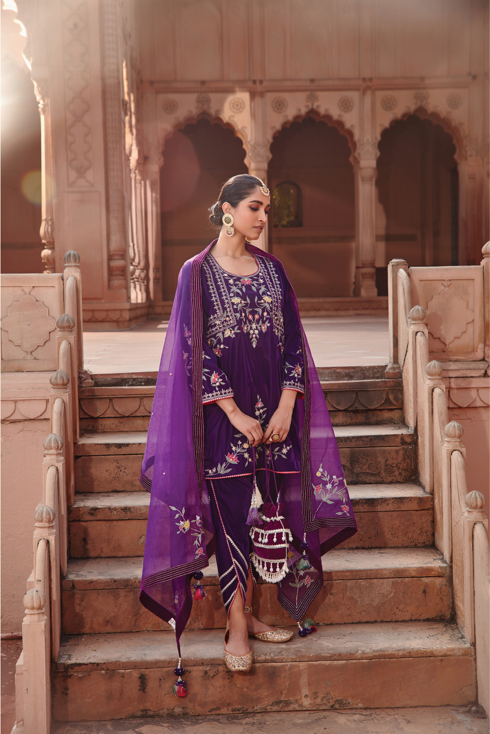 Arzu Purple Velvet Embellished Kurta with Gota Dhoti & Organza Dupatta