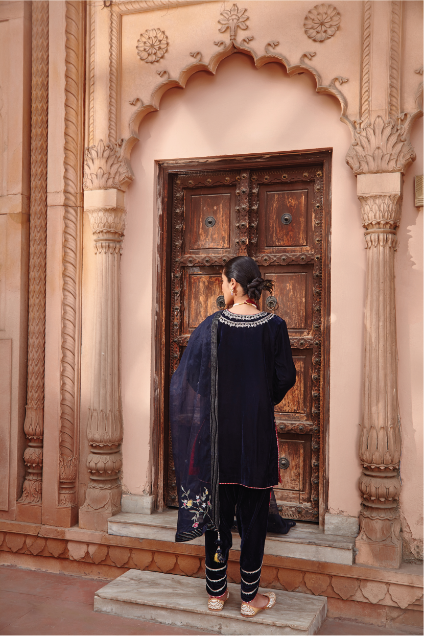 Arzu Navy Blue Embroidered Kurta with Gota Dhoti & Dupatta Set