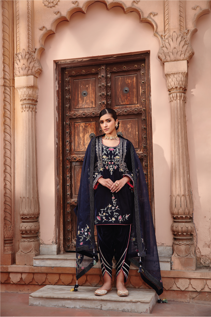 Arzu Navy Blue Embroidered Kurta with Gota Dhoti & Dupatta Set