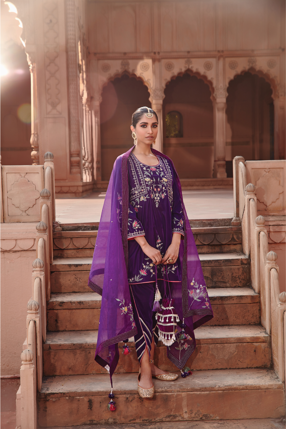Arzu Purple Velvet Embellished Kurta with Gota Dhoti & Organza Dupatta