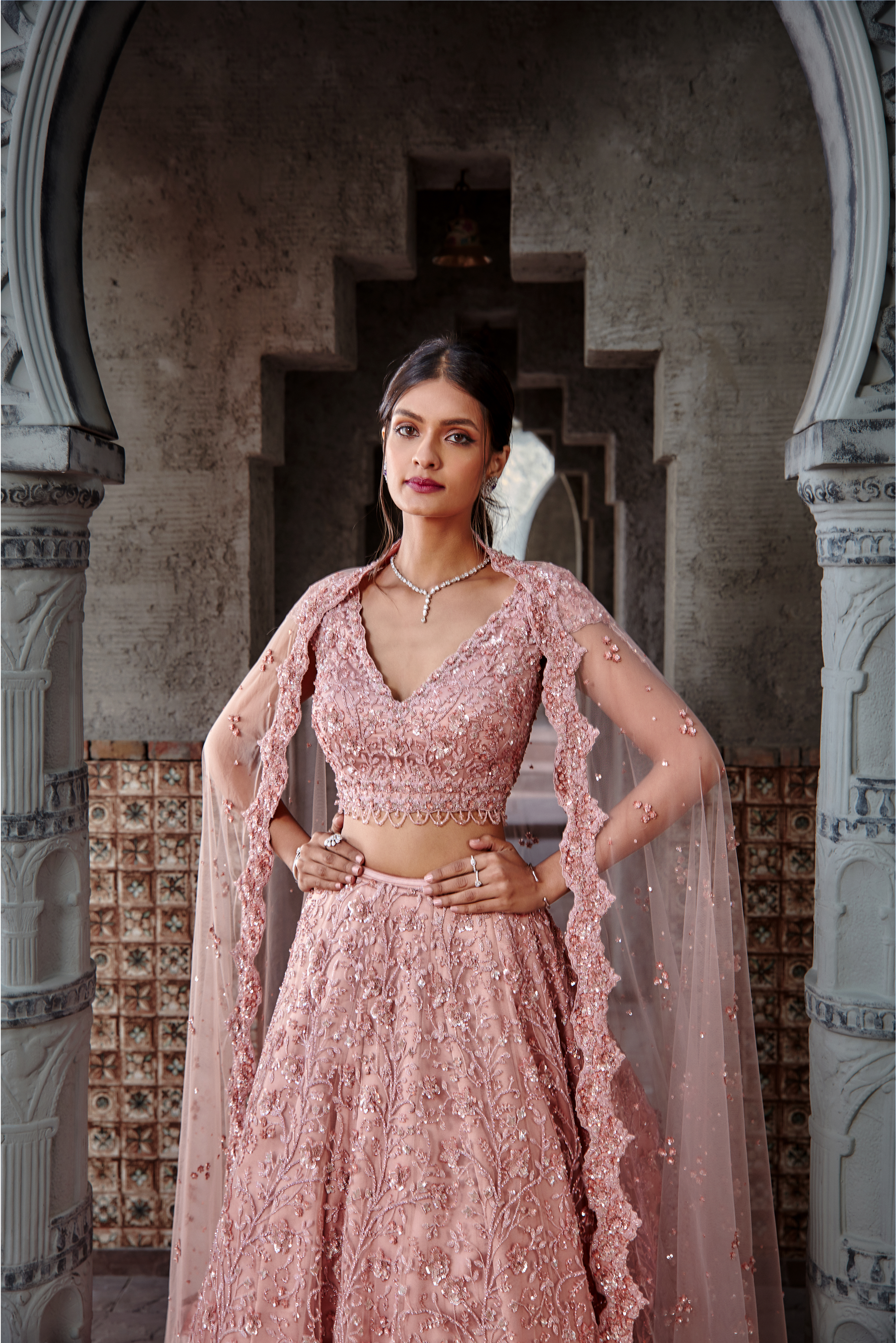 Dusty Coral Tulle Lehenga Set with Sequin Floral Jaal