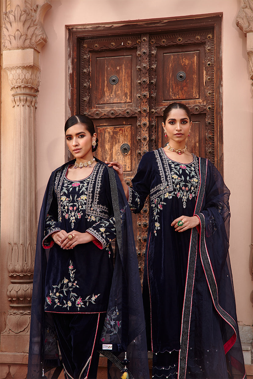 SABA Navy Blue Velvet Kurta Set with Organza Dupatta & Pearl Detail
