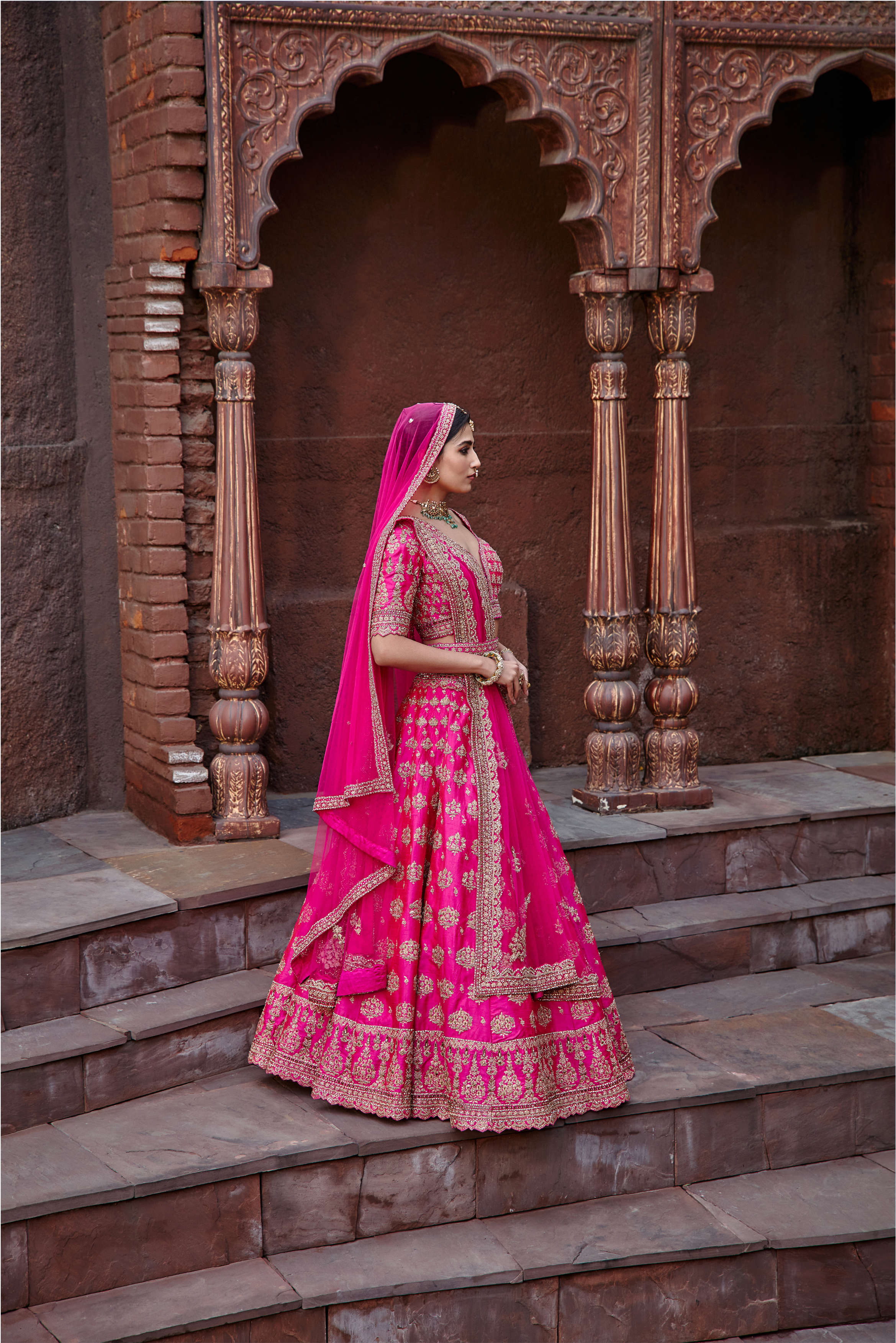 Fuchsia Raw Silk Lehenga Set with Antique Zari Embroidery