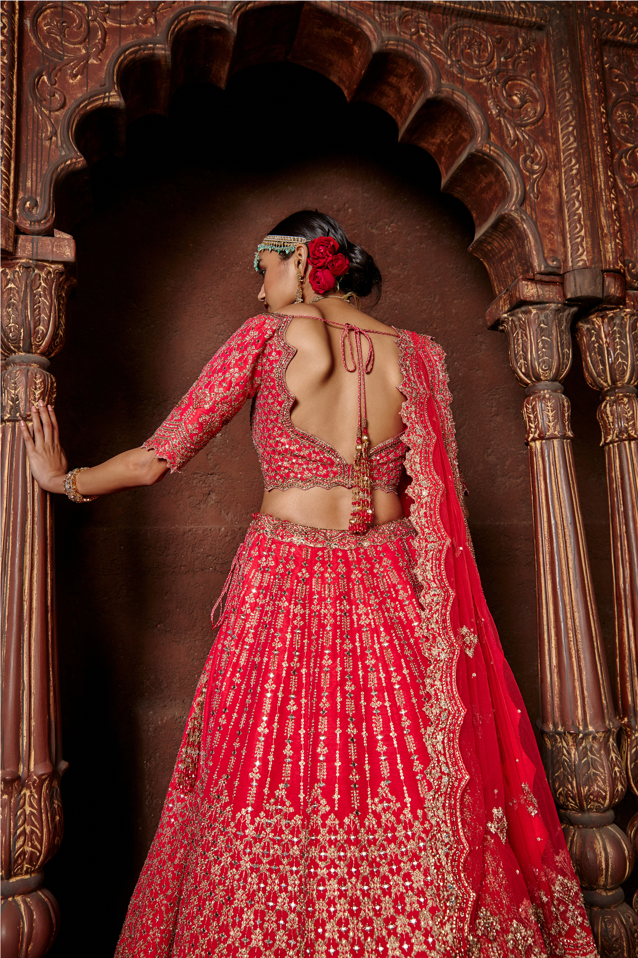 Fuchsia Red Raw Silk Lehenga with Gold Zari and Mirror Work
