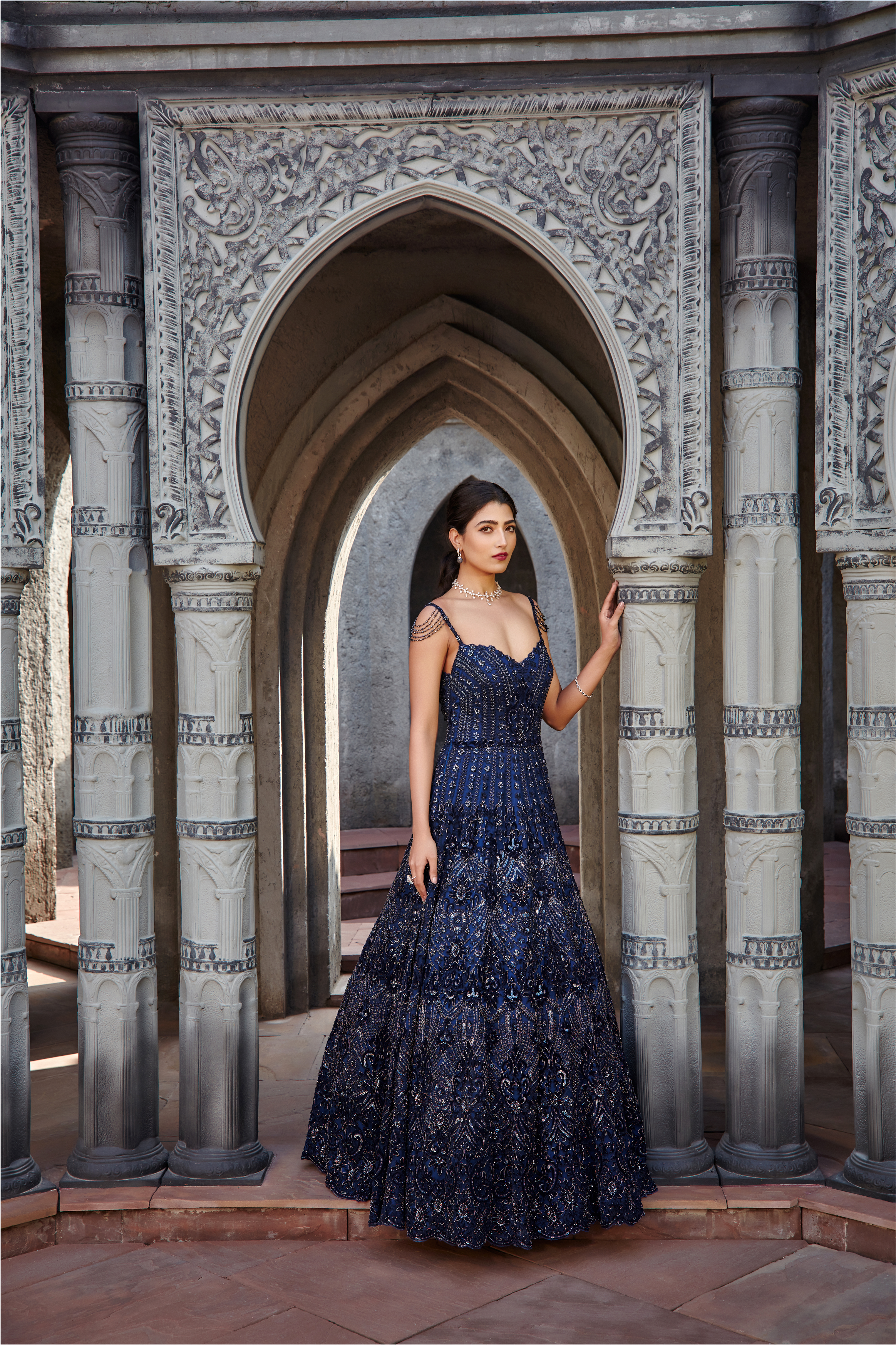 Navy Blue Tulle Gown with Velvet Applique & Crystals - Luxury Couture