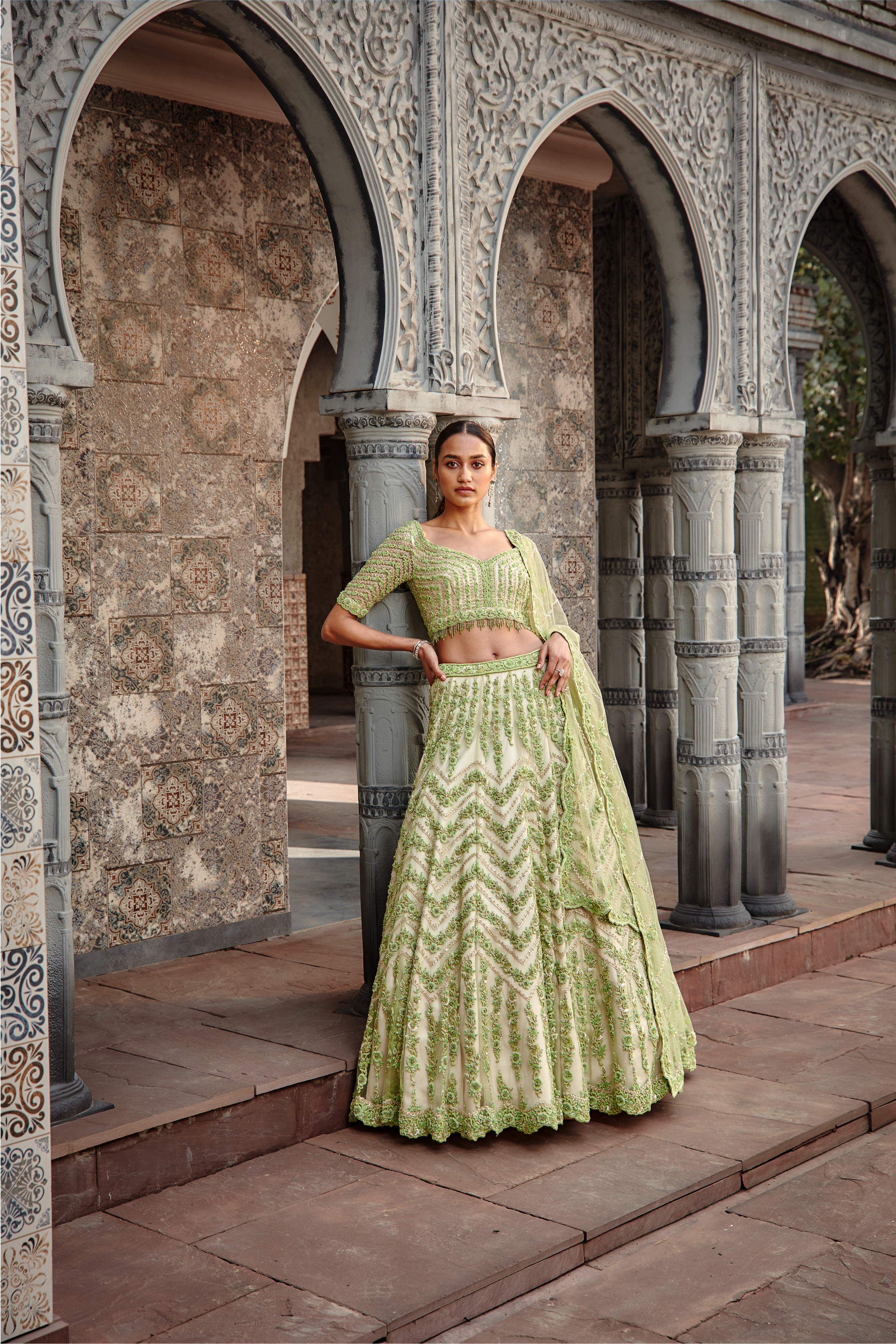 Ivory Lime Gota Resham Crystal Lehenga Set for Luxury Weddings