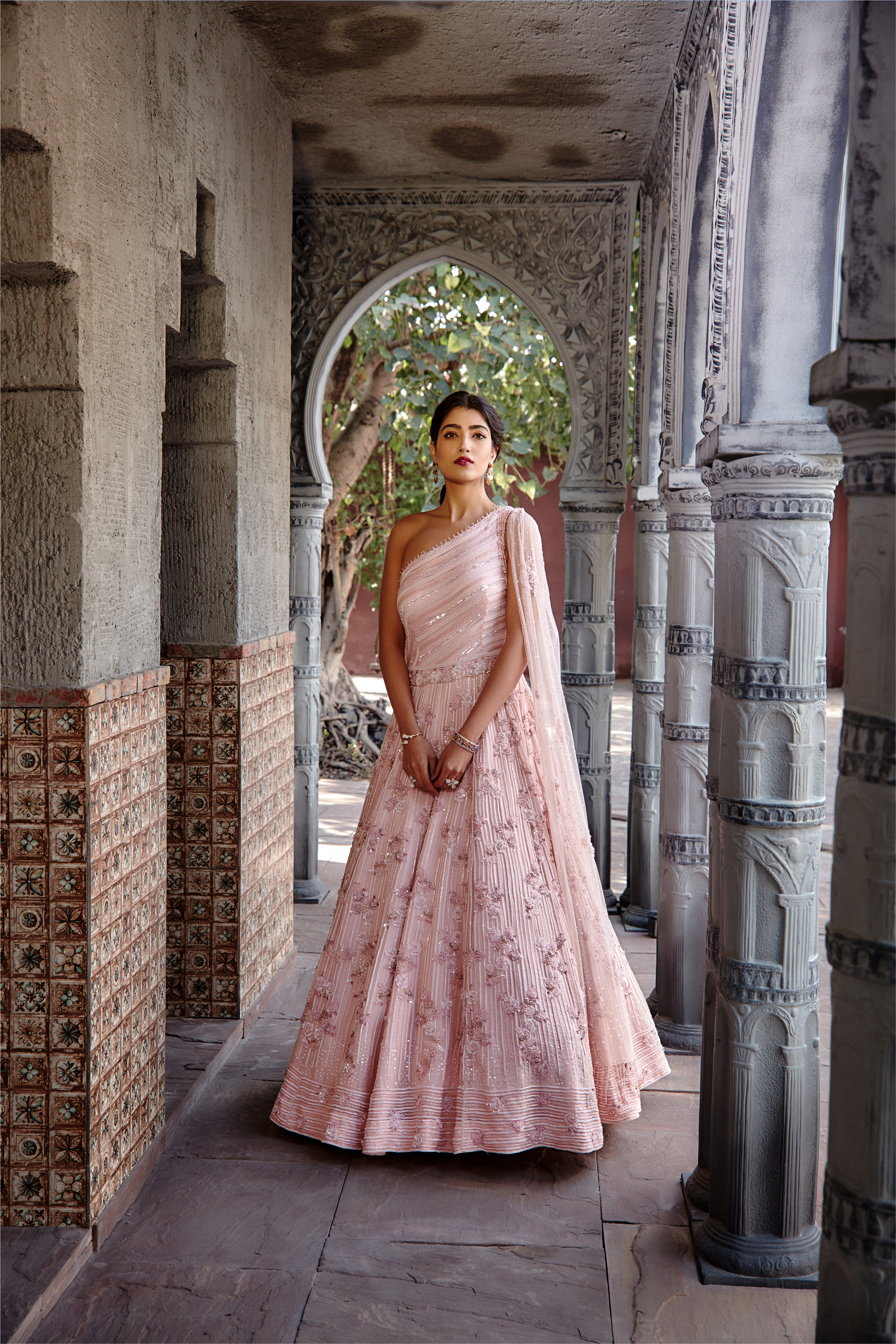 Blush Pink Organza One Shoulder Gown with Embellished Net Drape