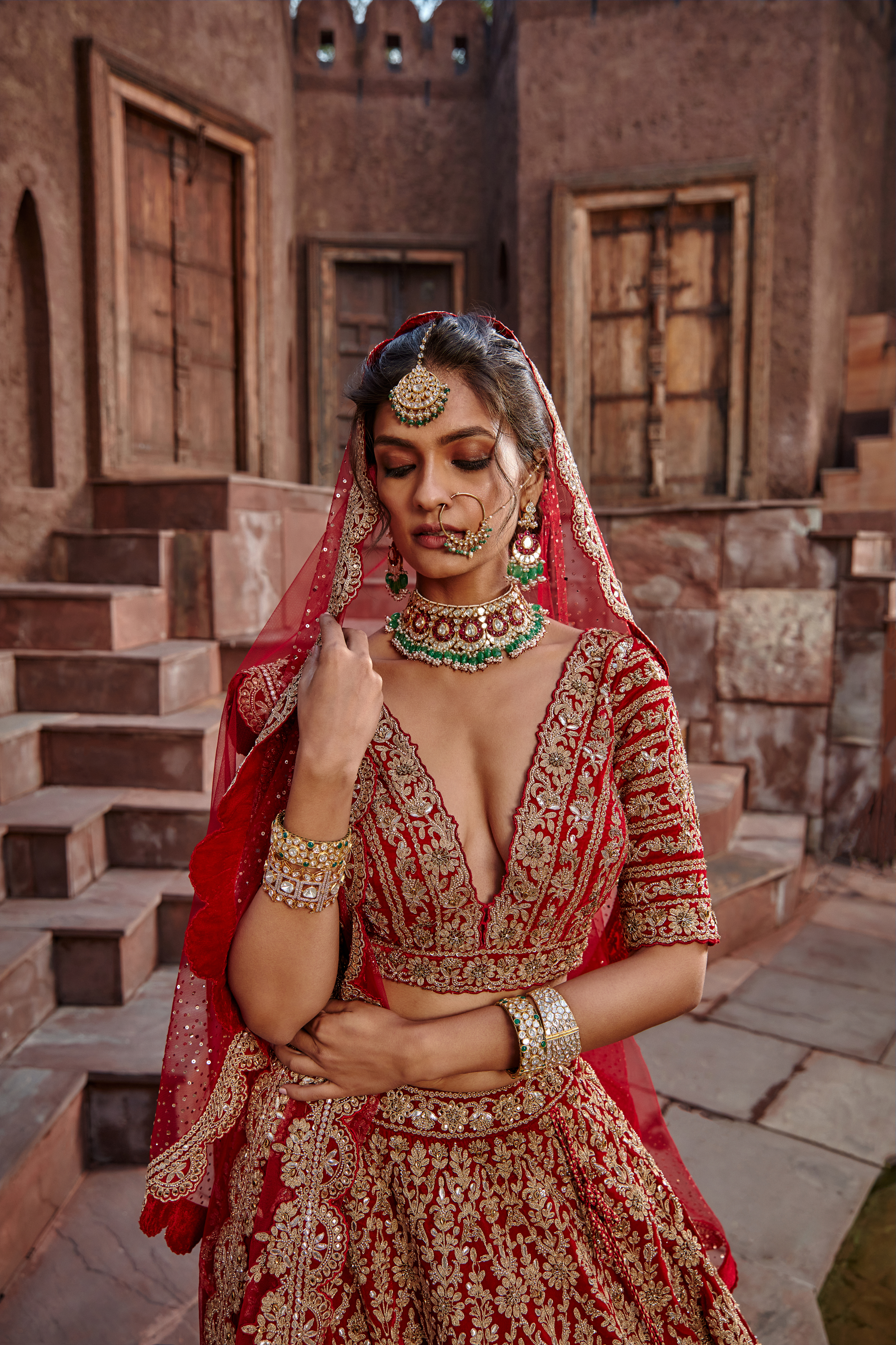 Blood Red Velvet Dori Lehenga Set with Gota and Dabka Work