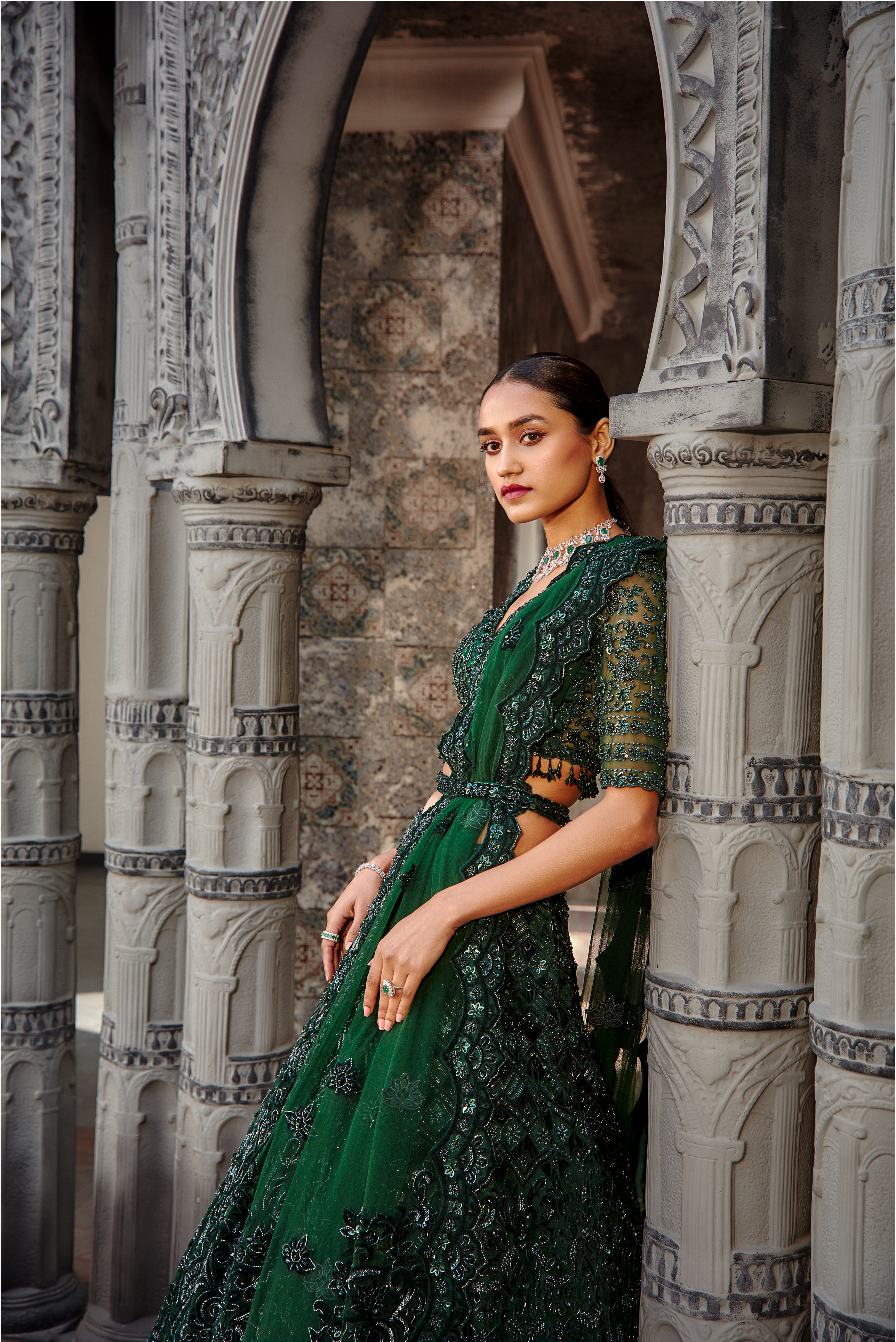 Bottle Green Velvet Applique Tulle Lehenga Set for Weddings