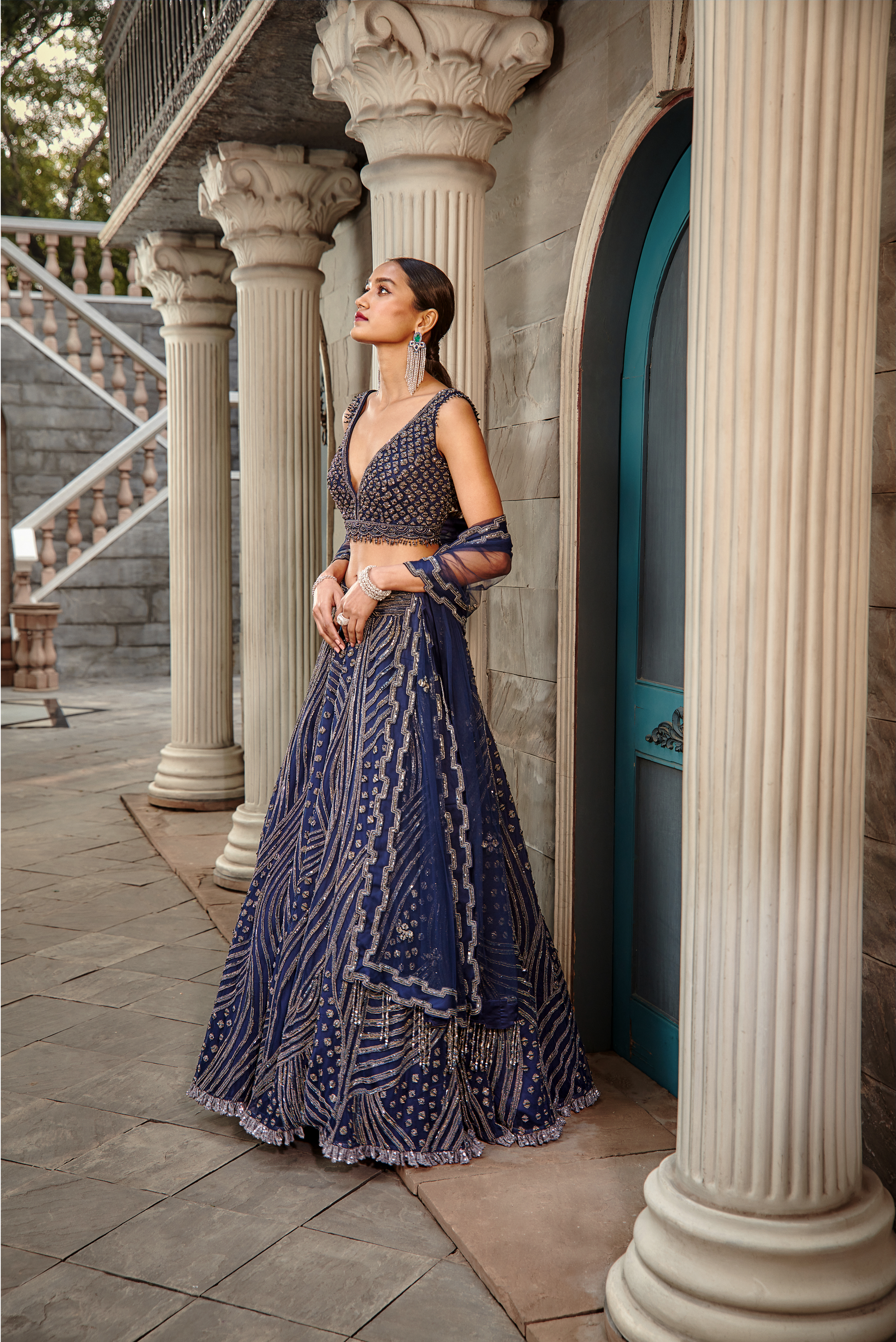 Navy Blue Net Lehenga Set with Geometric Metallic Beadwork