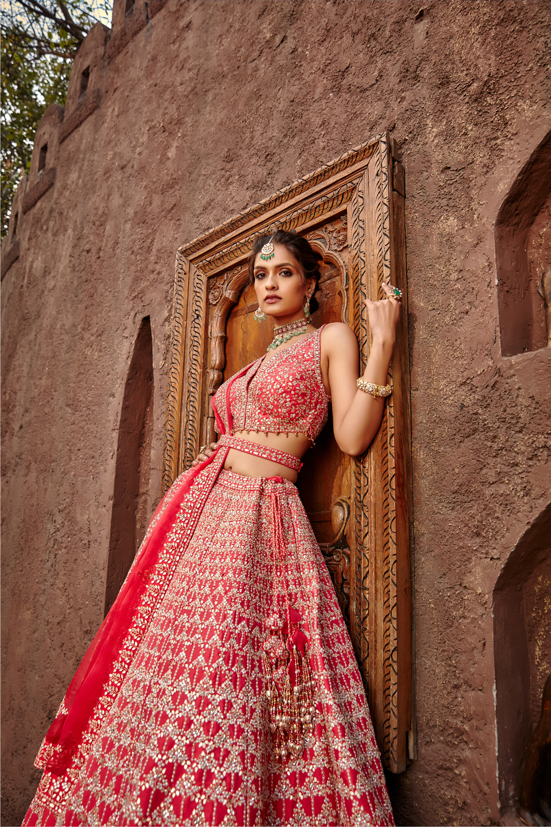 Coral Raw Silk Gota Work Lehenga Set for Bridal Occasions