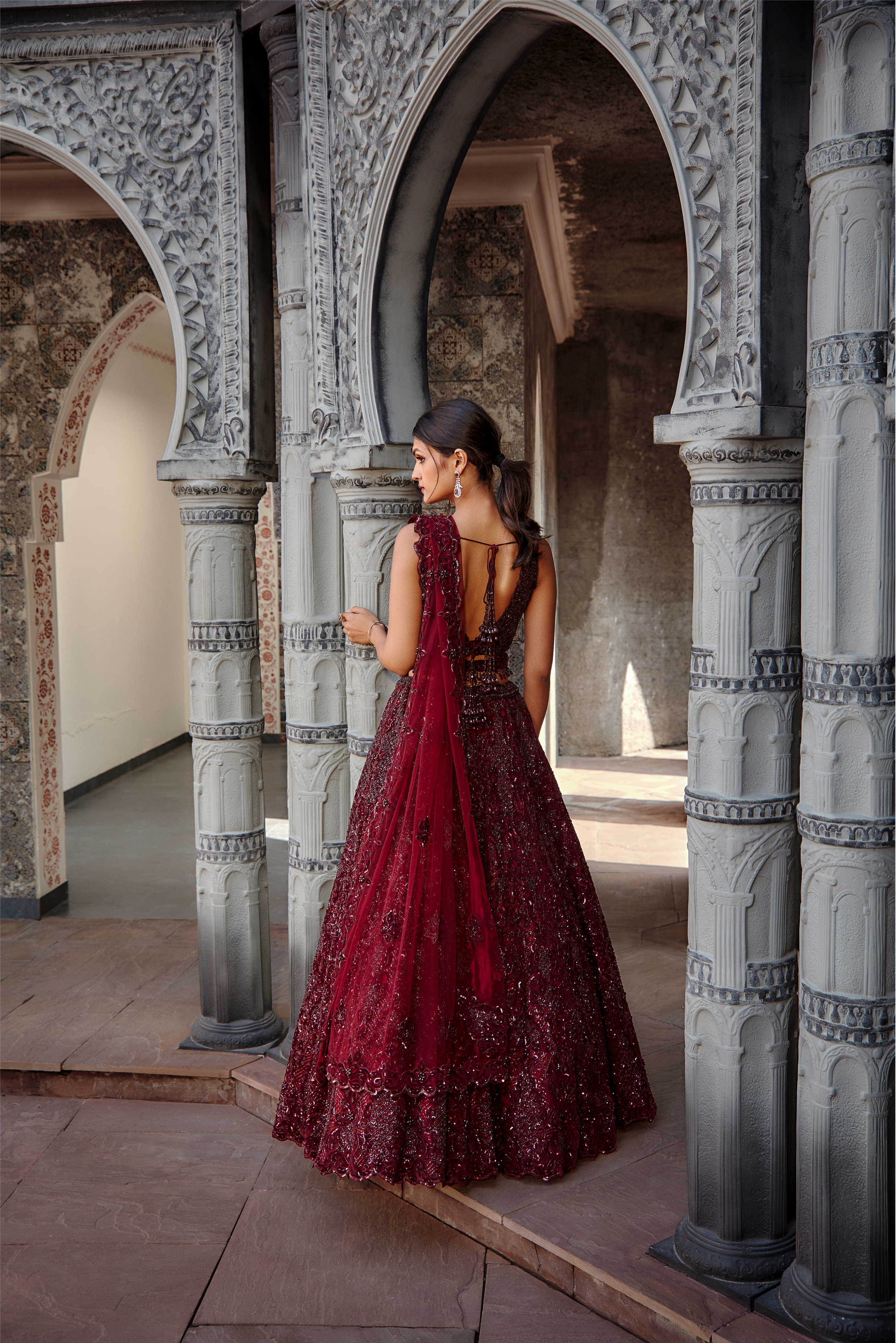 Deep Burgundy Tulle Lehenga Set | Hand-Embellished Wedding Wear