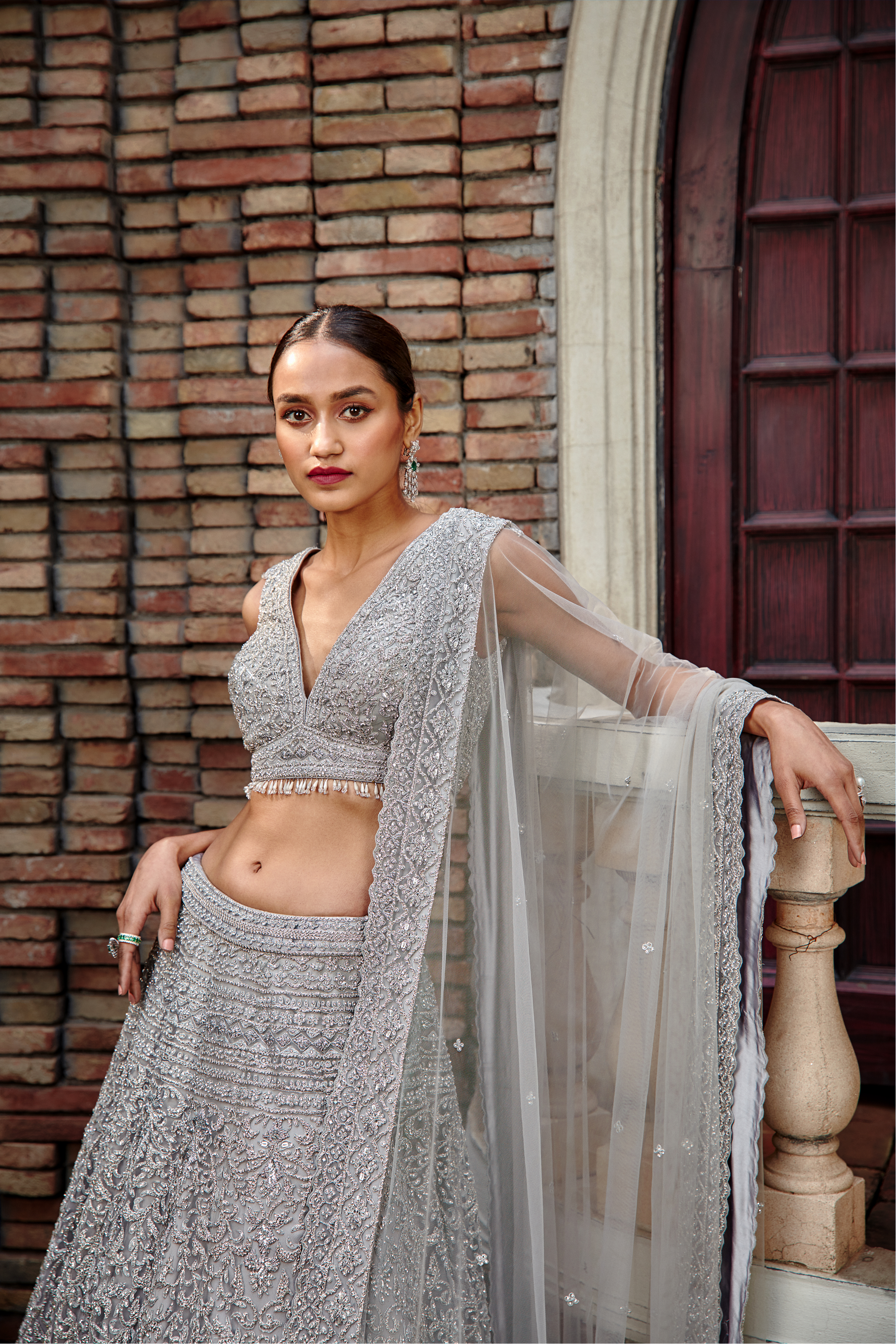 Silver Grey Tulle Lehenga Set with Intricate Zari & Crystals