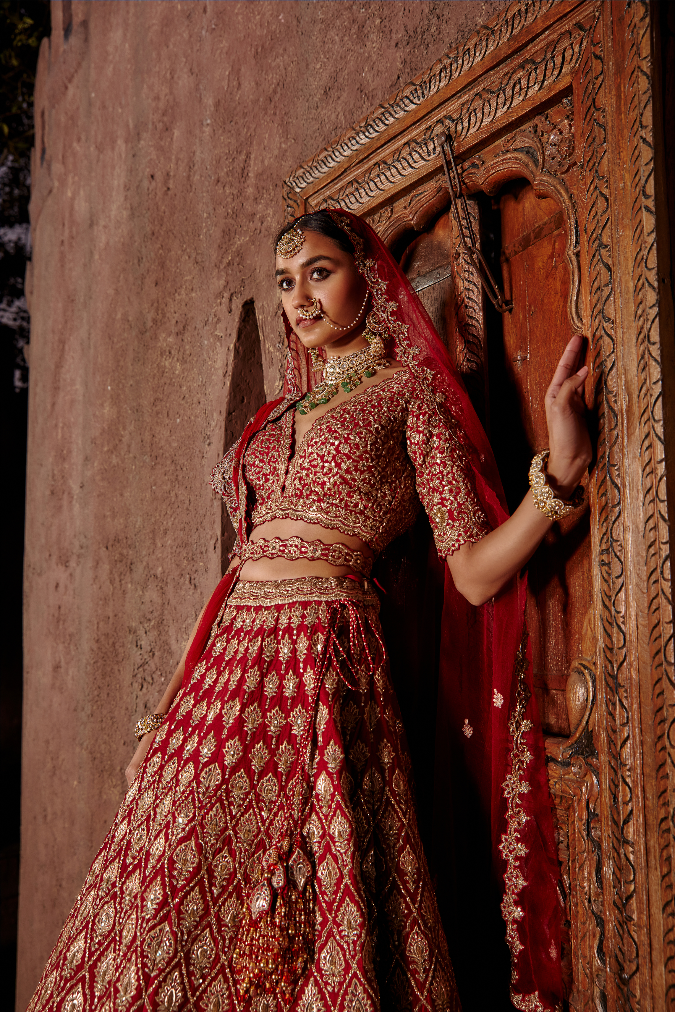 Red Raw Silk Lehenga Set with Leather Applique | Bridal Couture