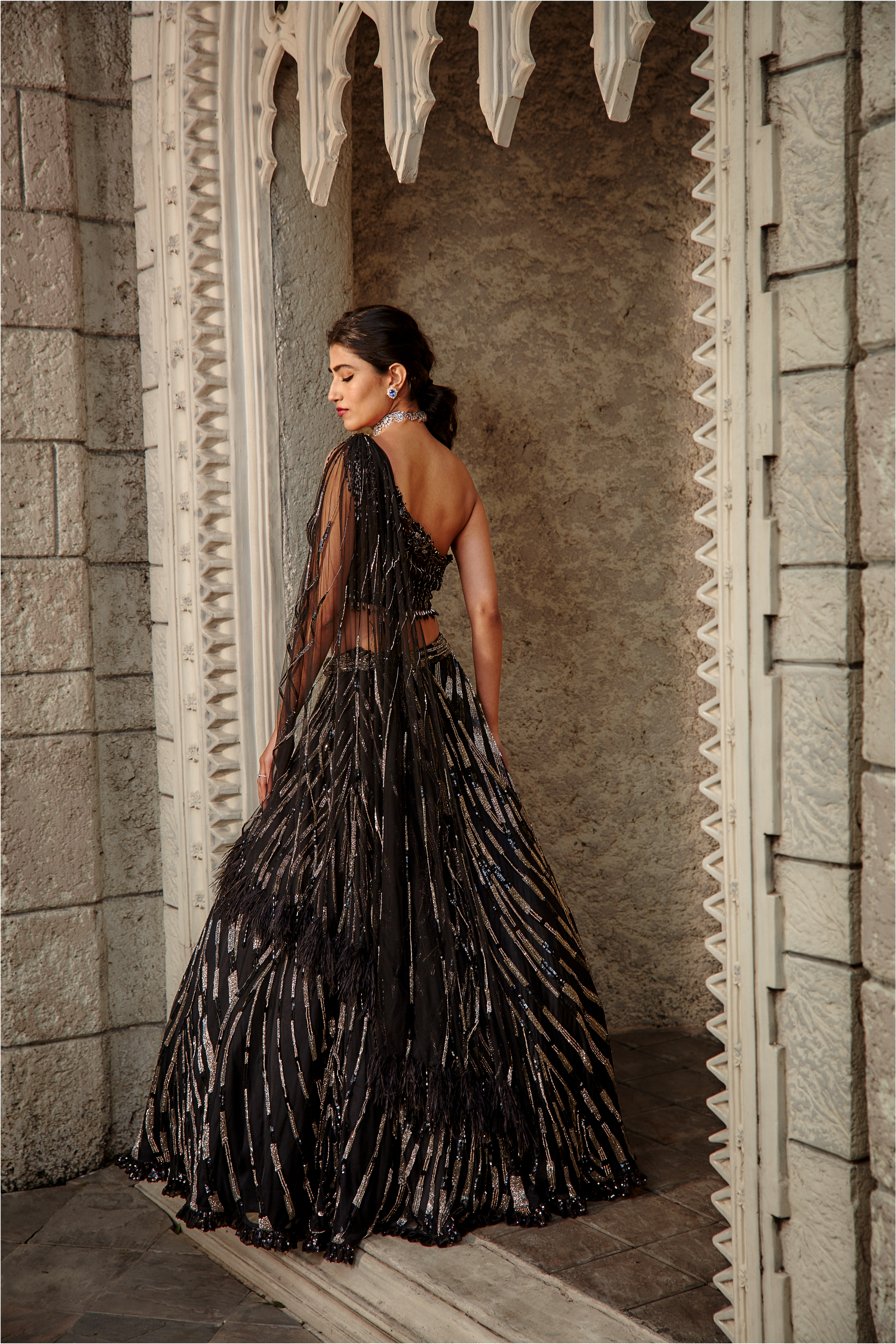 Black Tulle Lehenga Set with Sequin & Feather Embellishments