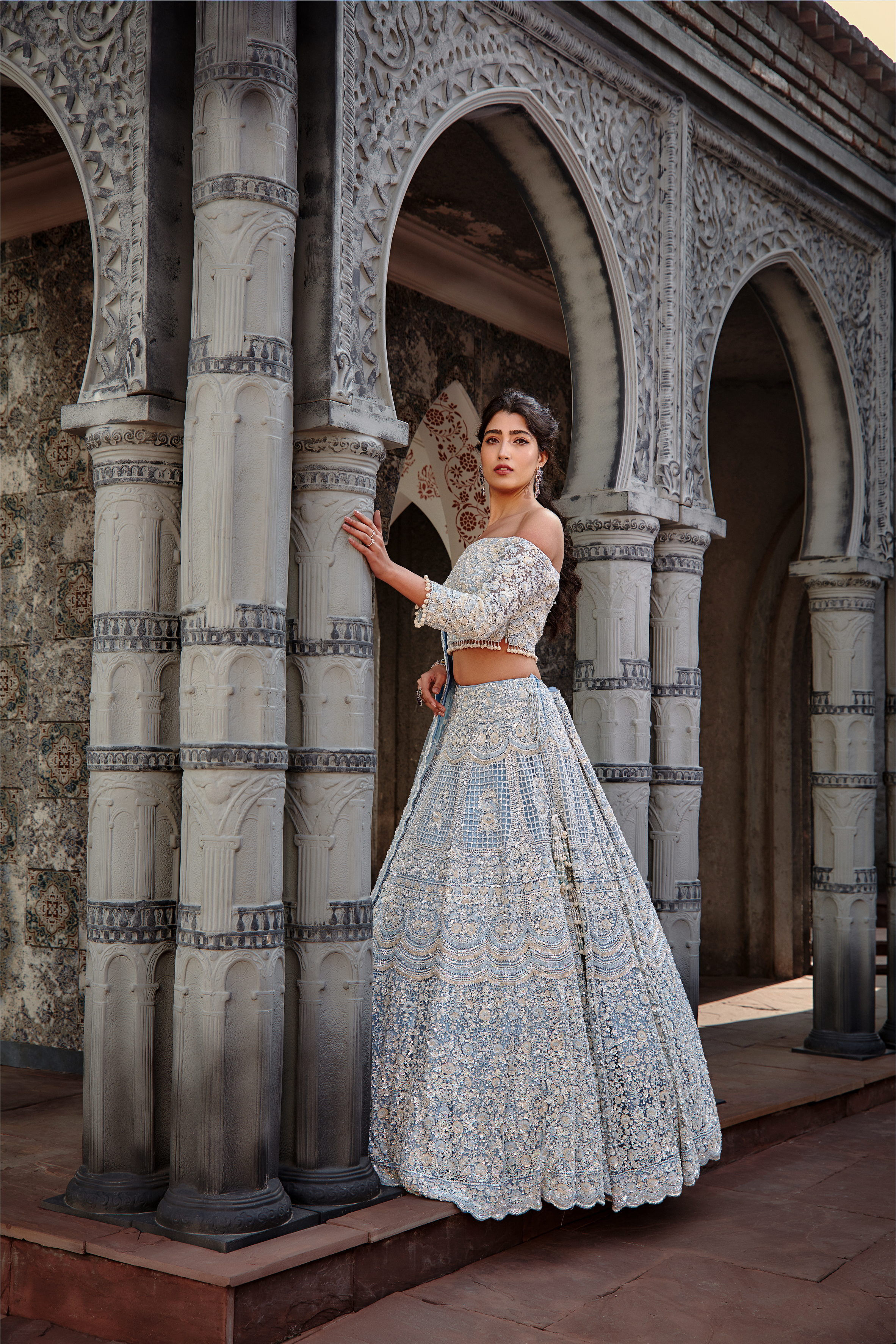 Powder Blue Net Lehenga Set with Off-Shoulder Choli & Sequins