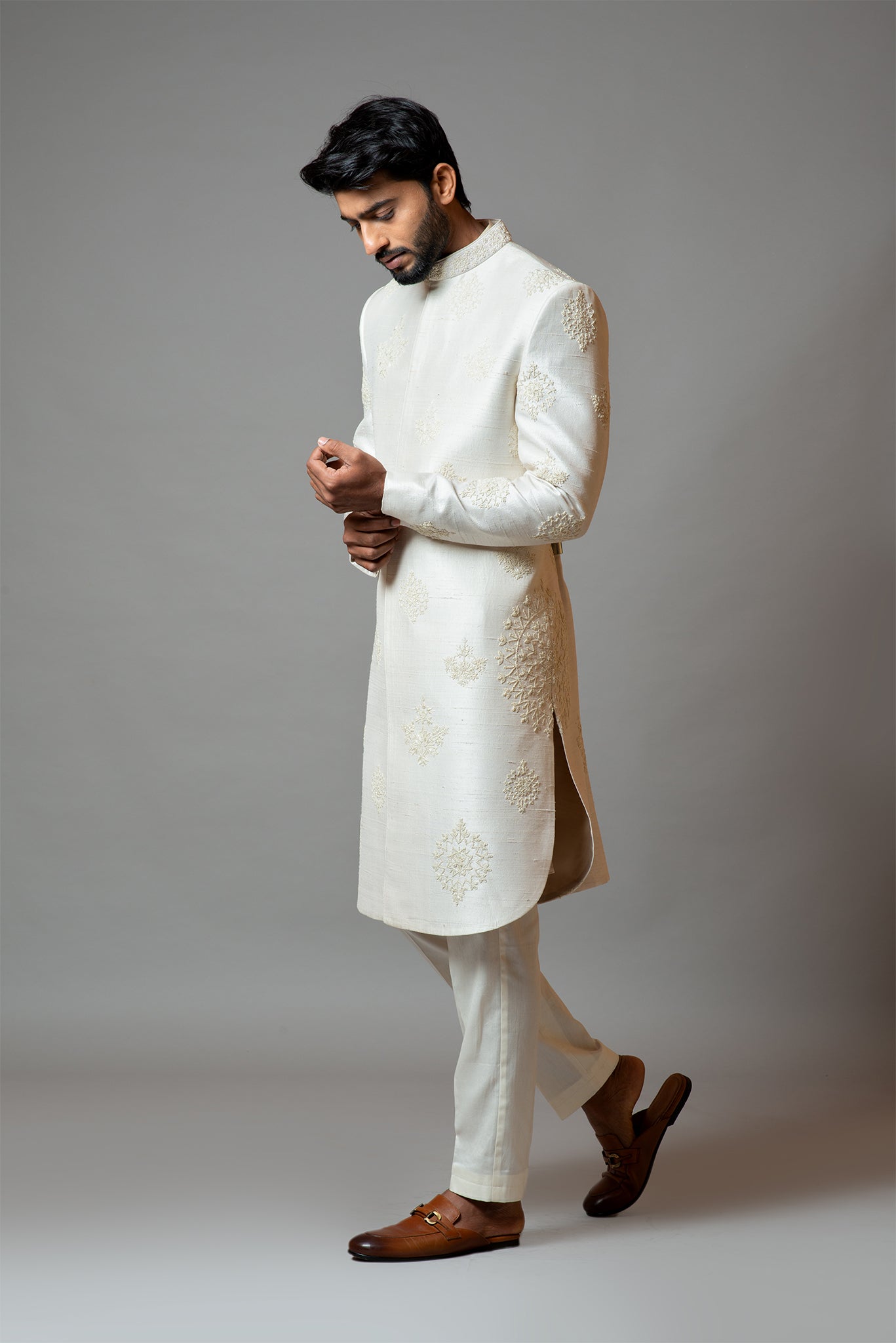 White Embroidered Sherwani Set