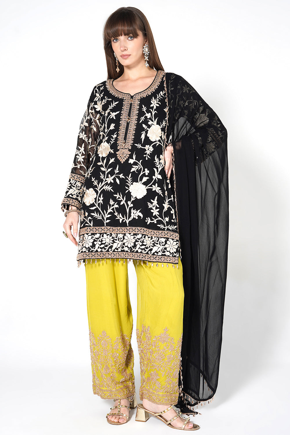 Black Georgette Kurta Set with Lime Green Embroidered Pants