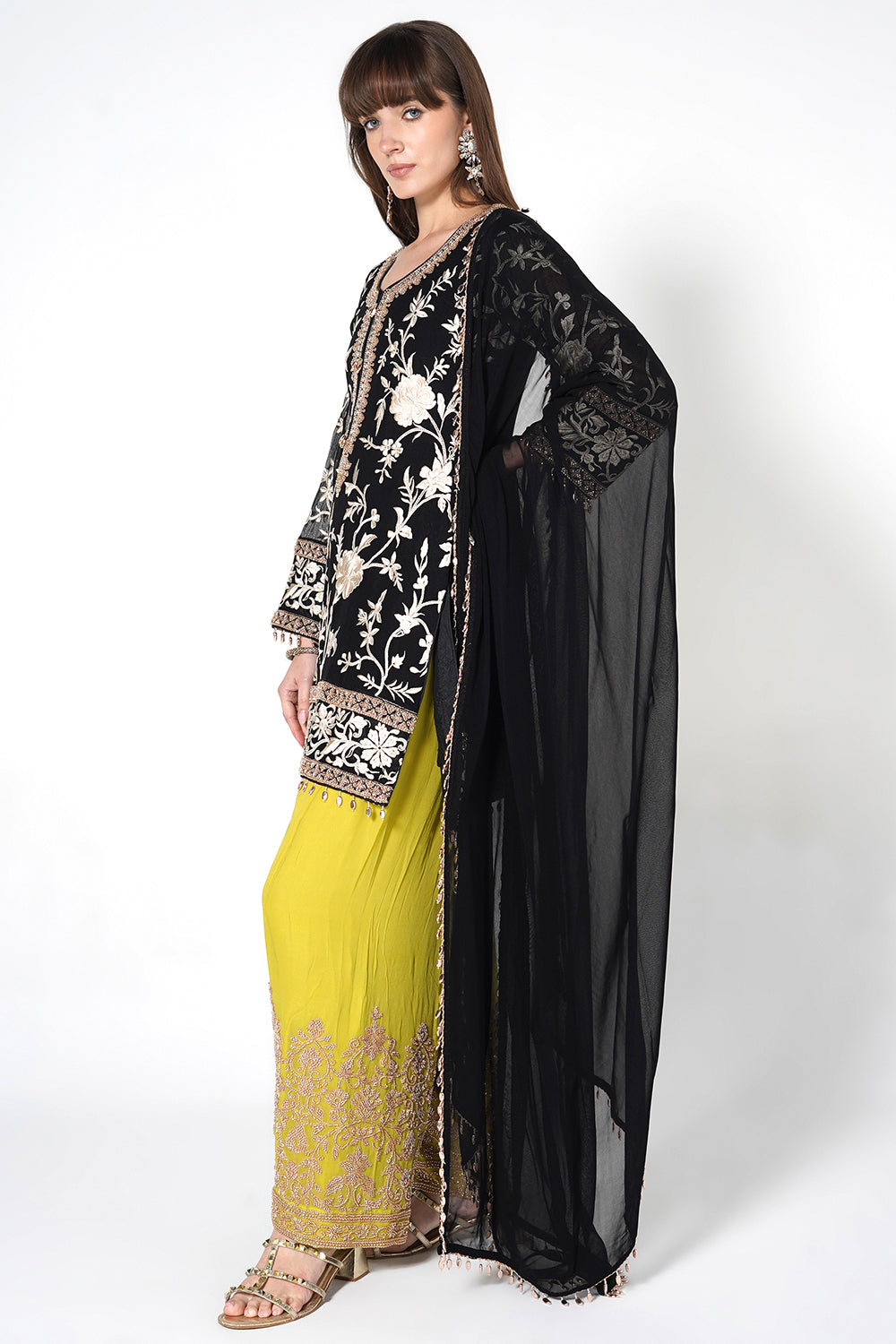 Black Georgette Kurta Set with Lime Green Embroidered Pants