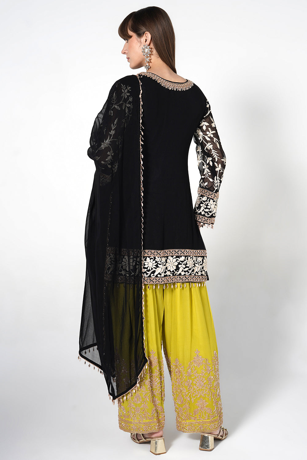 Black Georgette Kurta Set with Lime Green Embroidered Pants