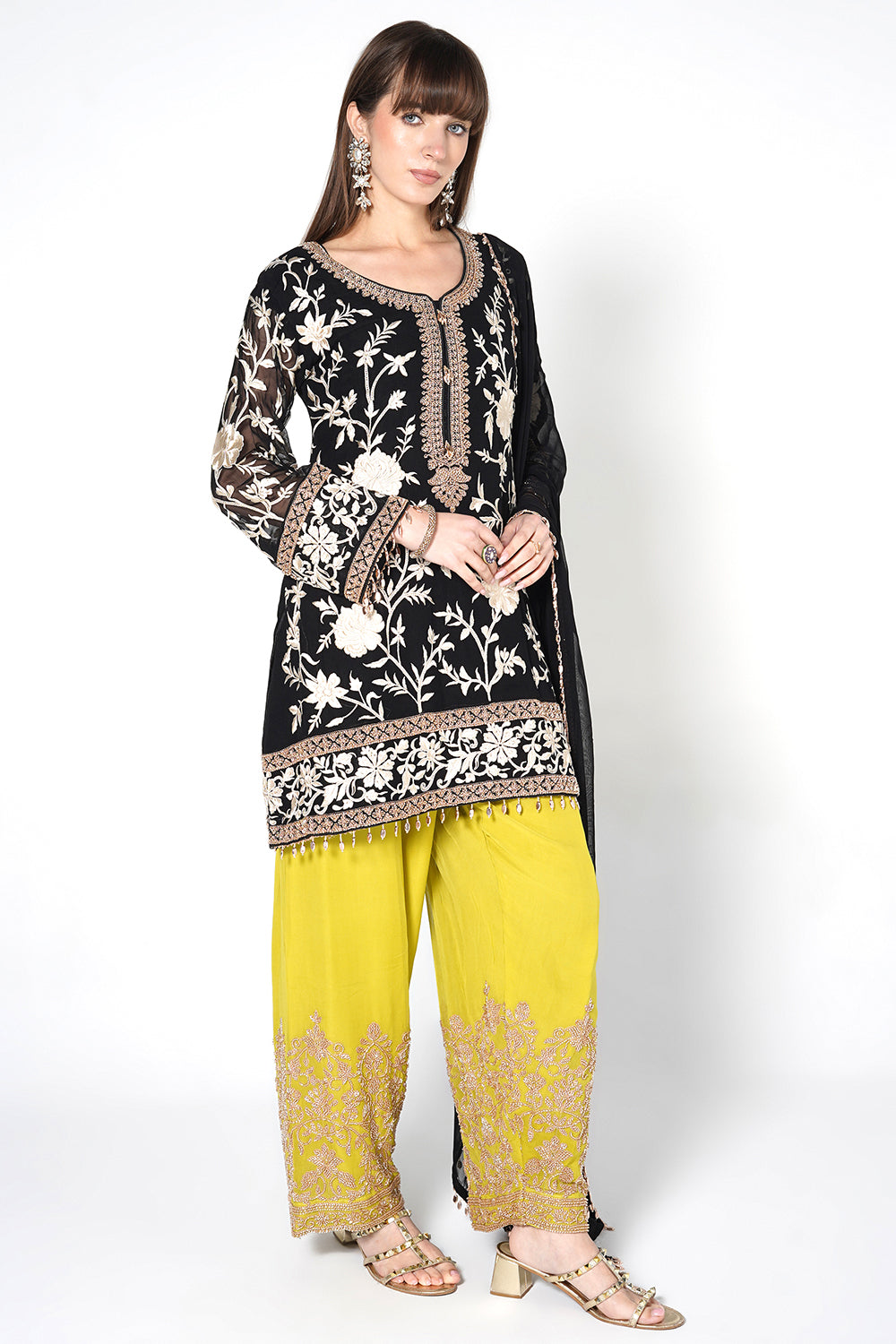 Black Georgette Kurta Set with Lime Green Embroidered Pants