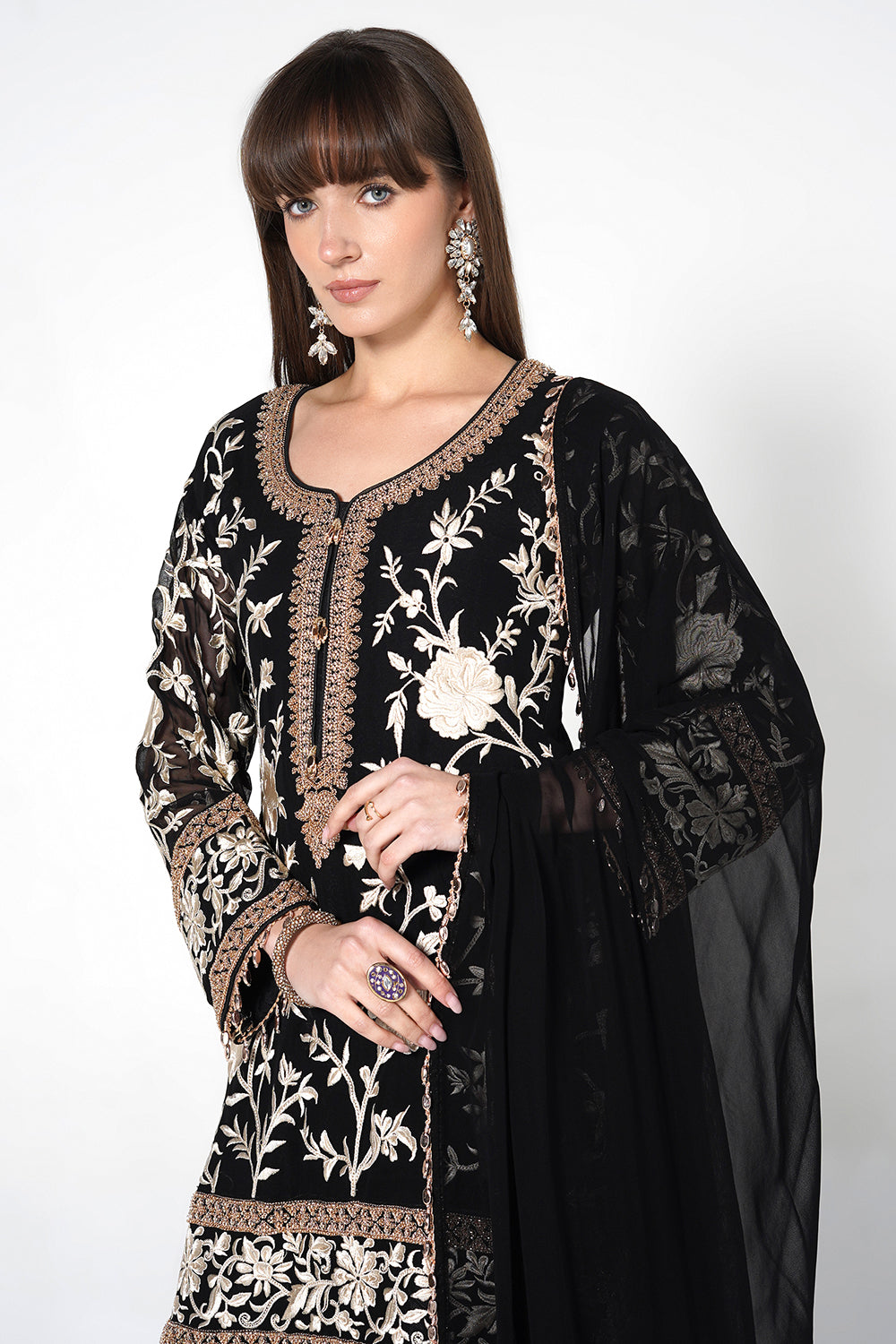 Black Georgette Kurta Set with Lime Green Embroidered Pants