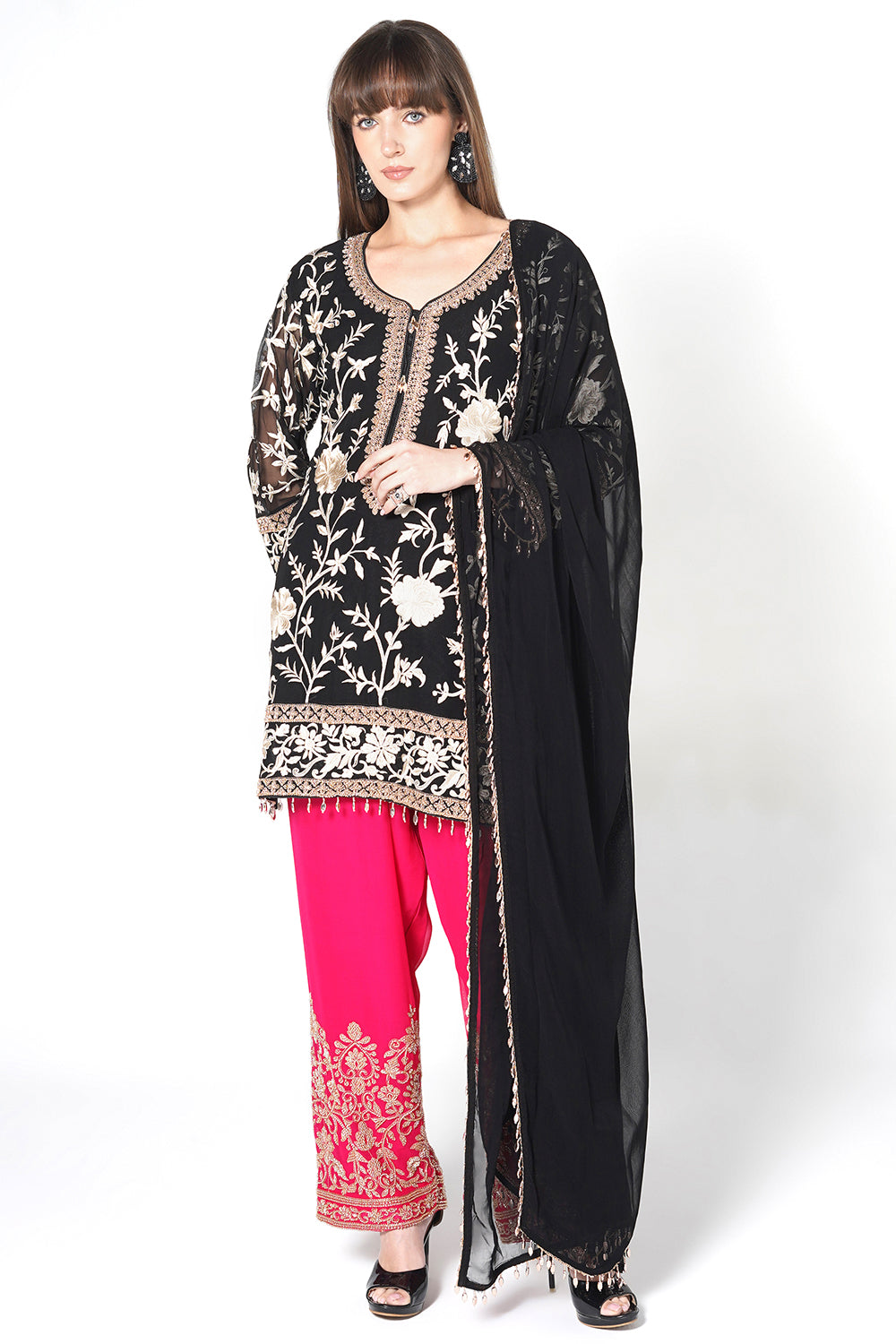 Black Georgette Kurta Set with Magenta Pink Embroidered Pants