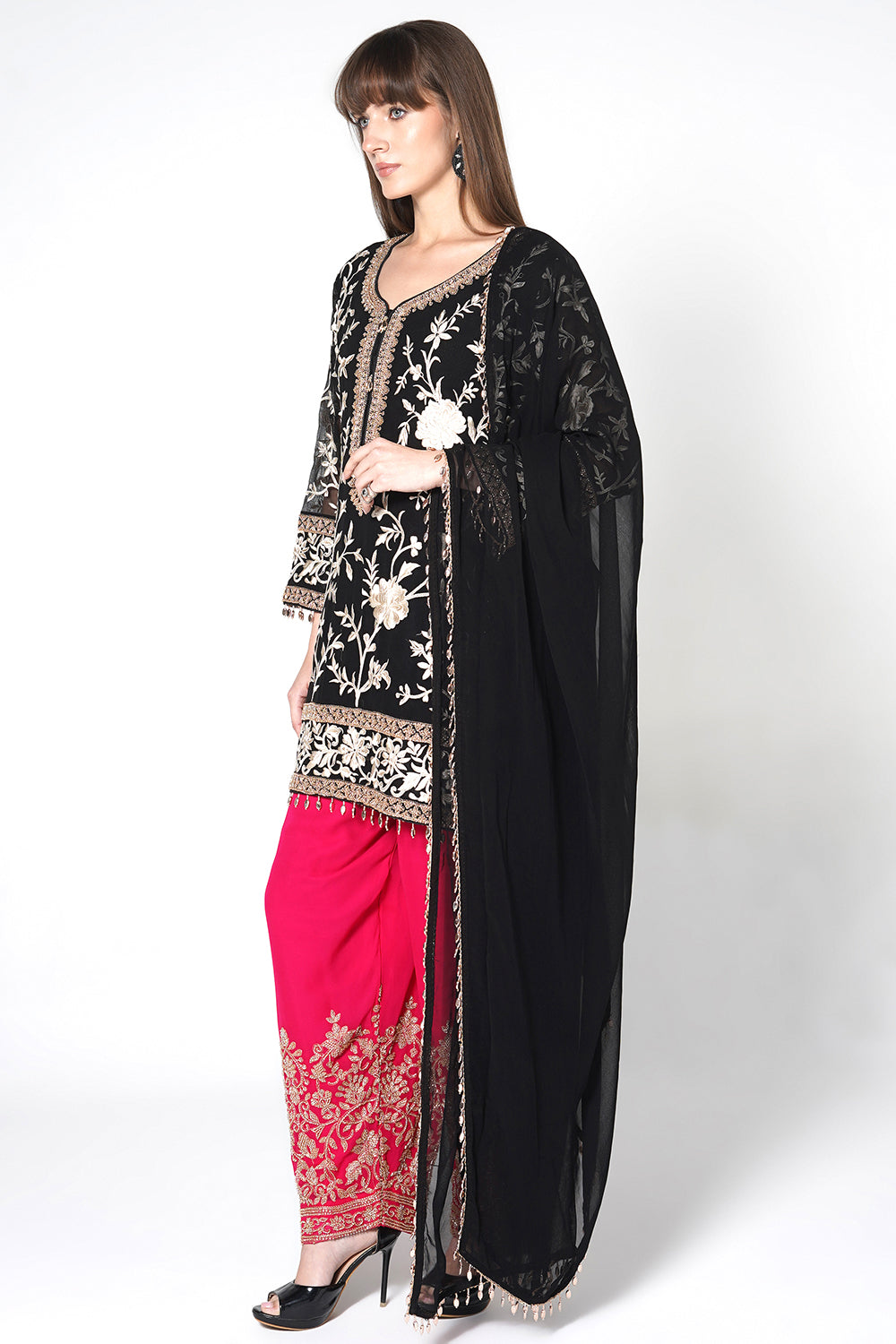 Black Georgette Kurta Set with Magenta Pink Embroidered Pants