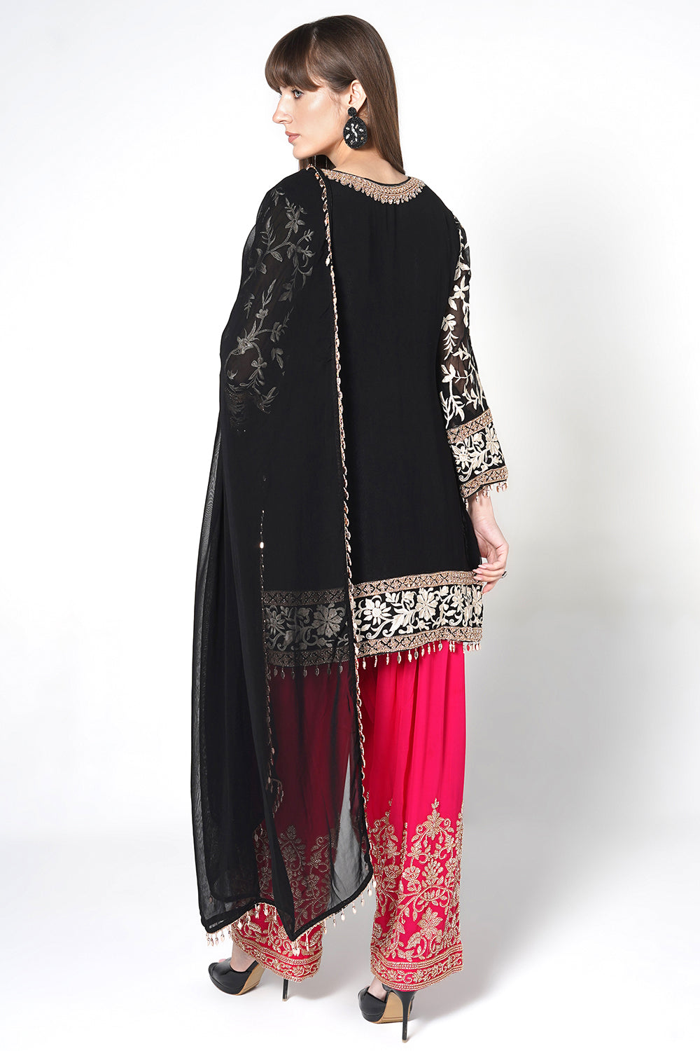 Black Georgette Kurta Set with Magenta Pink Embroidered Pants