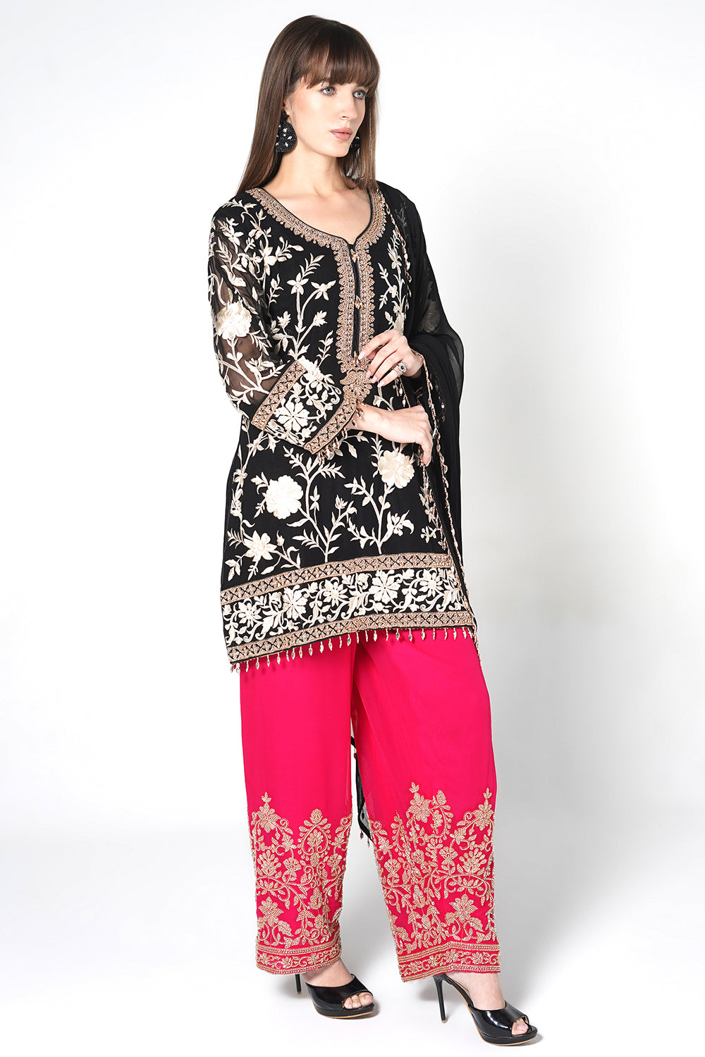 Black Georgette Kurta Set with Magenta Pink Embroidered Pants