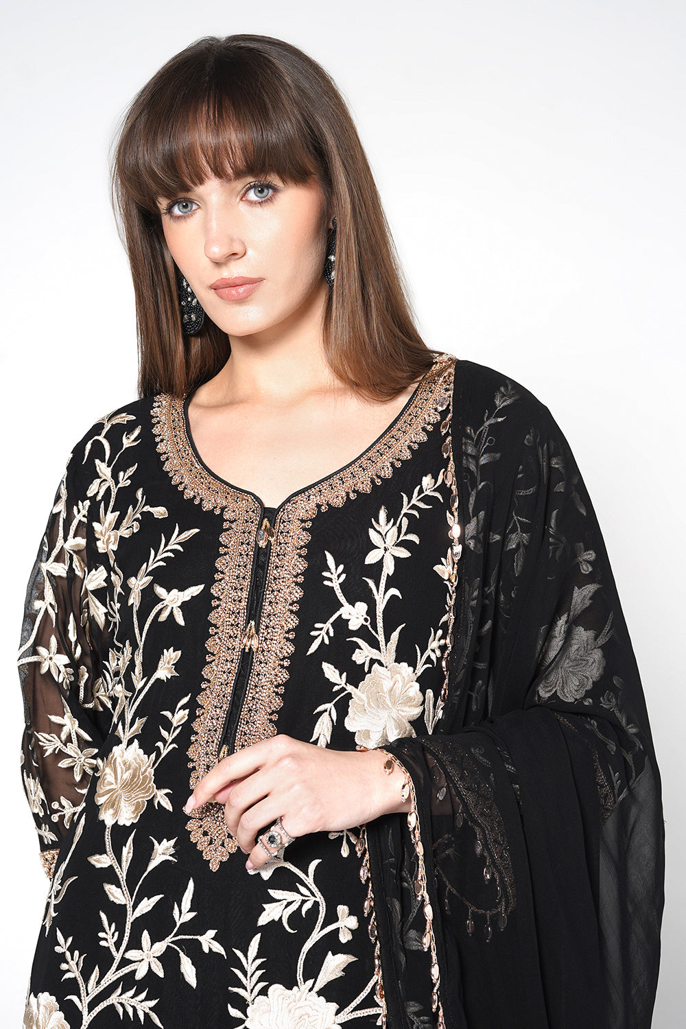 Black Georgette Kurta Set with Magenta Pink Embroidered Pants